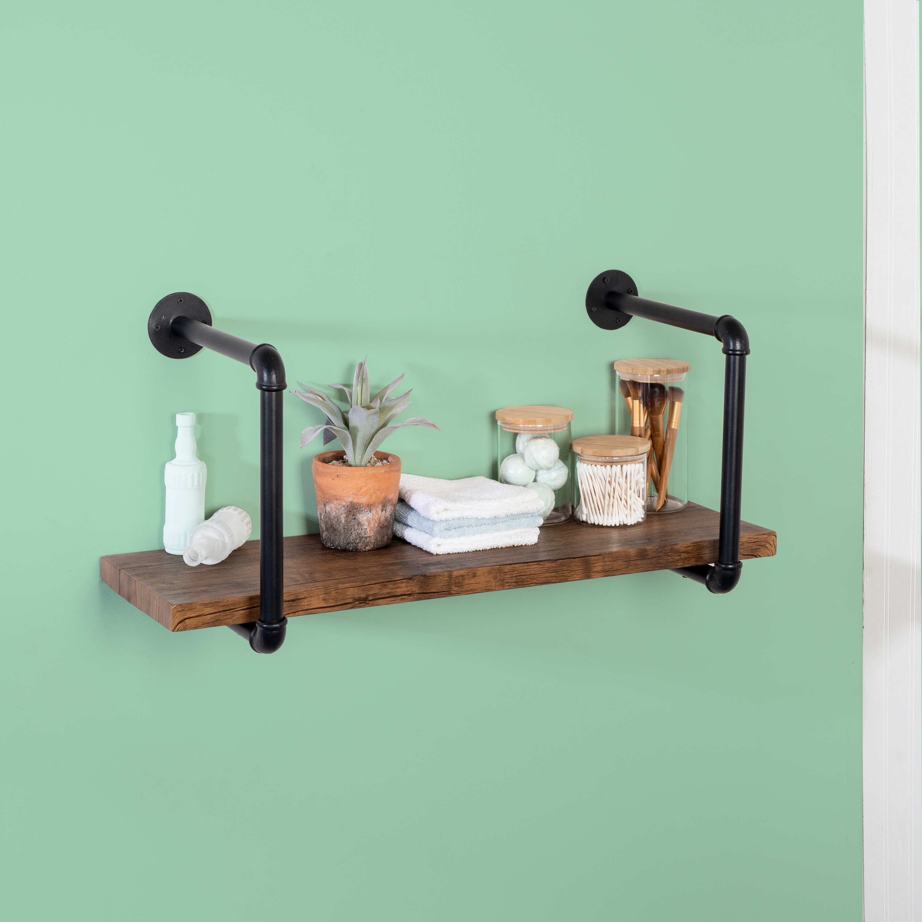 Black and Rustic Brown Industrial Steel and Wood Wall Shelf