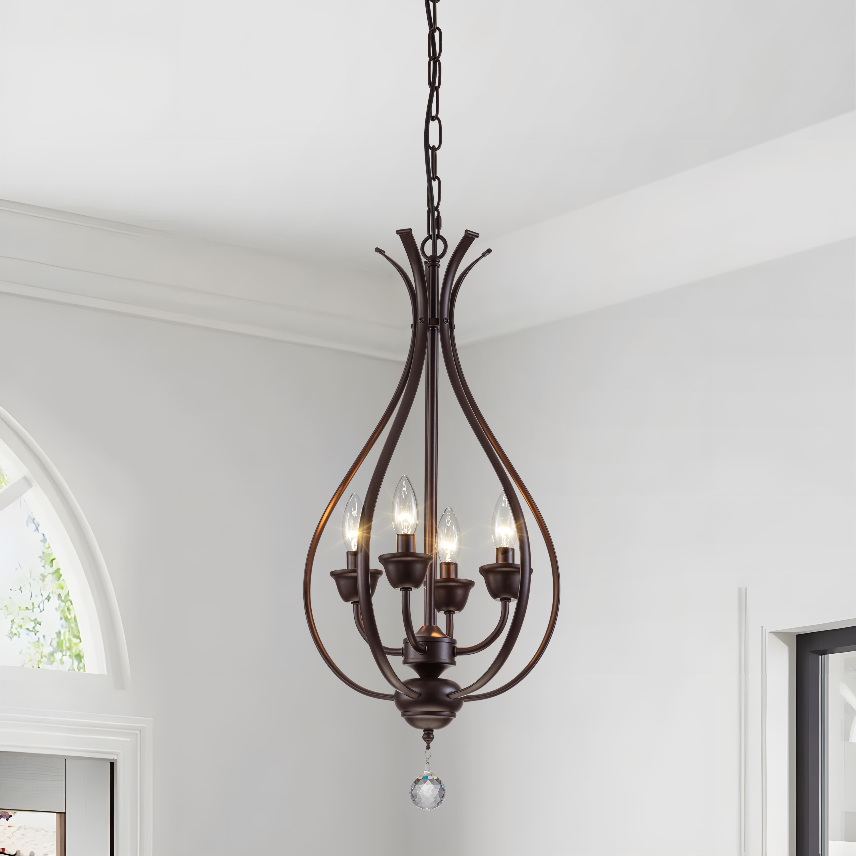 GoYeel 4-Light Modern Farmhouse Oil Rubbed Bronze Chandelier with Shell and Crystal Accents for Dining Room