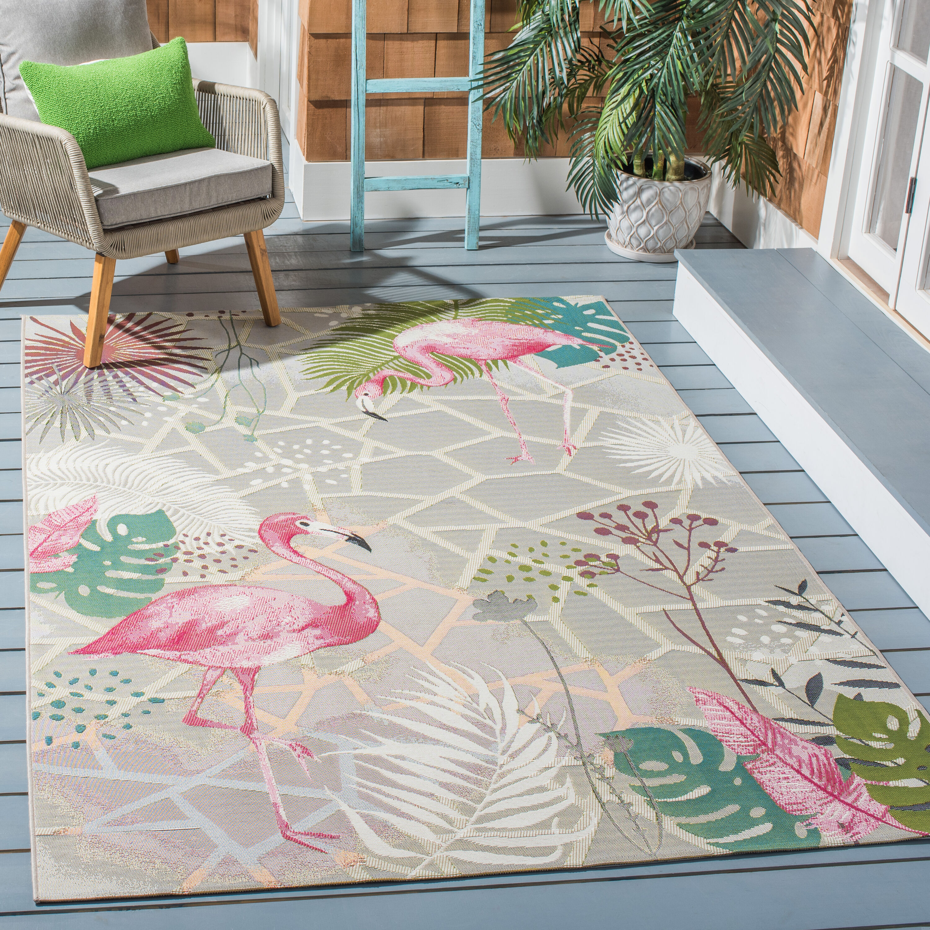 Barbados 5'3" Square Gray and Pink Flamingo Rug