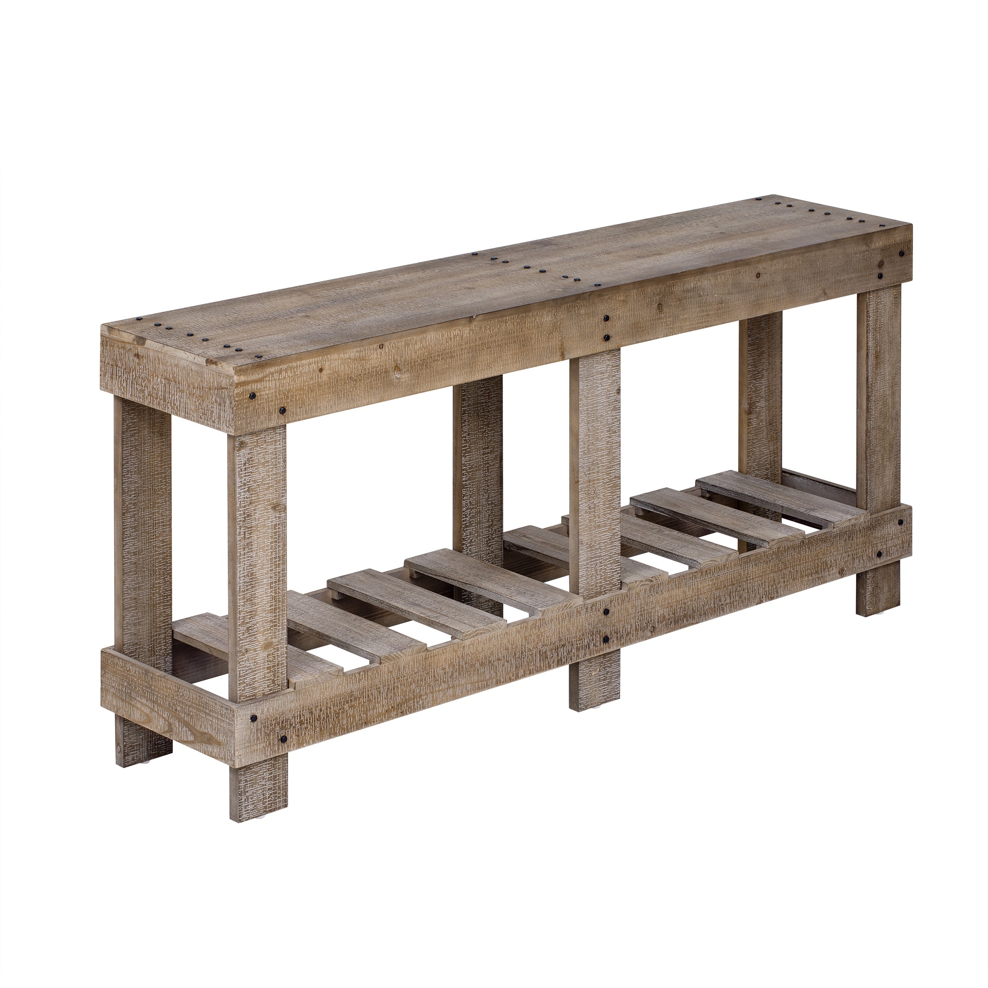  Vintage Console Table with Metal Rivet Decor and Plank Under-Shelf