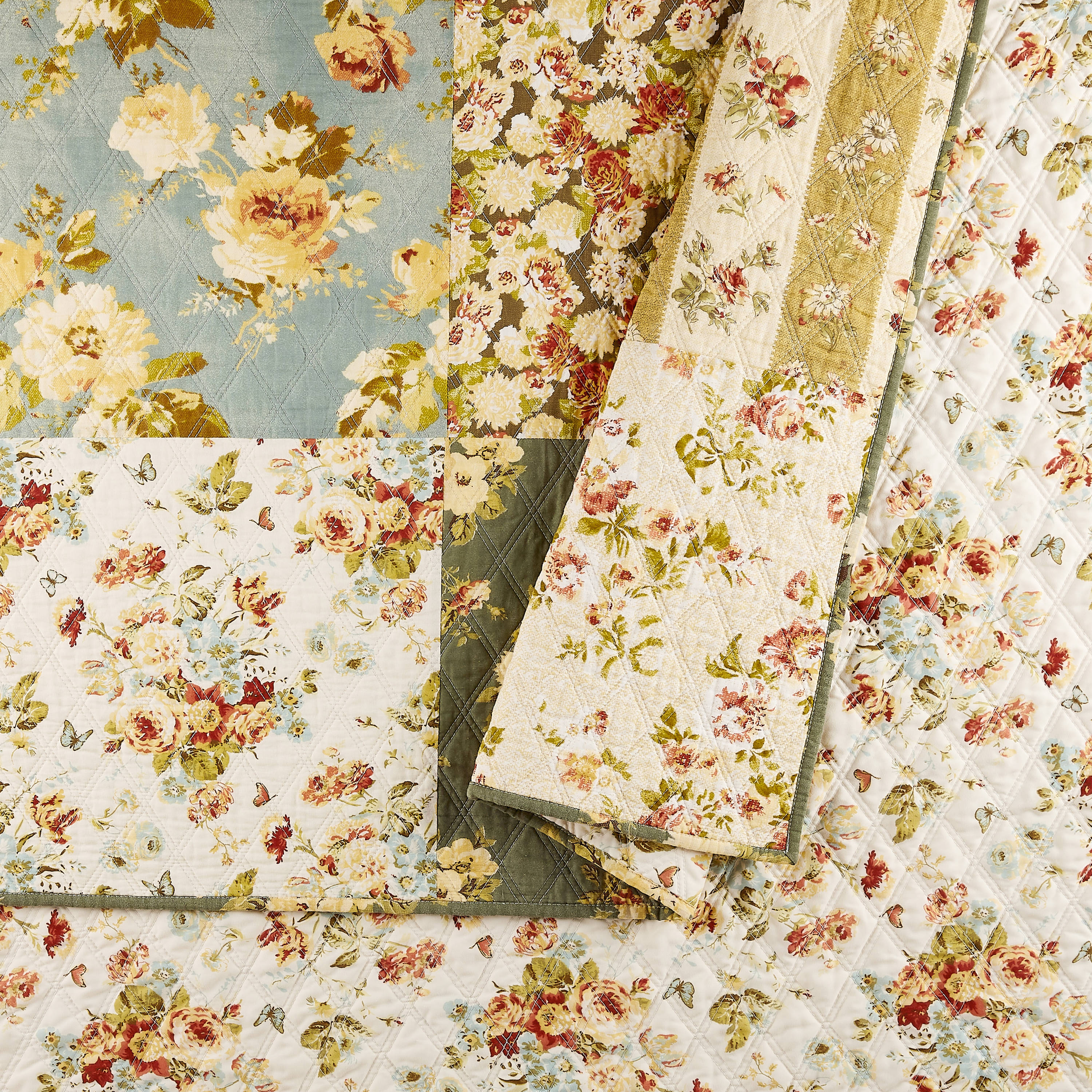 Full Blue Cotton Reversible Quilt Set with Shams