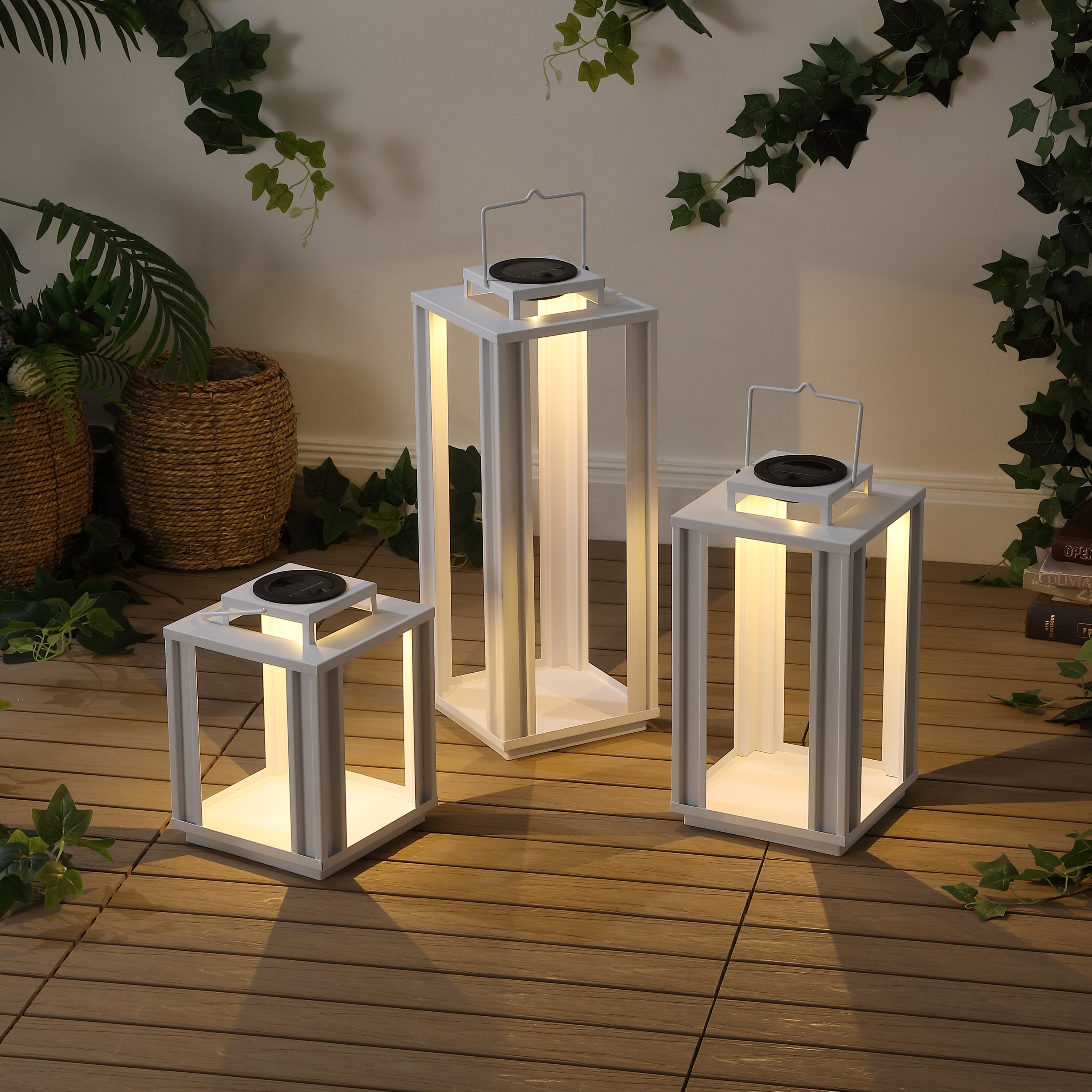 JONATHAN  Y 7.5-in x 19.5-in White Metal LED light Outdoor Decorative Lantern
