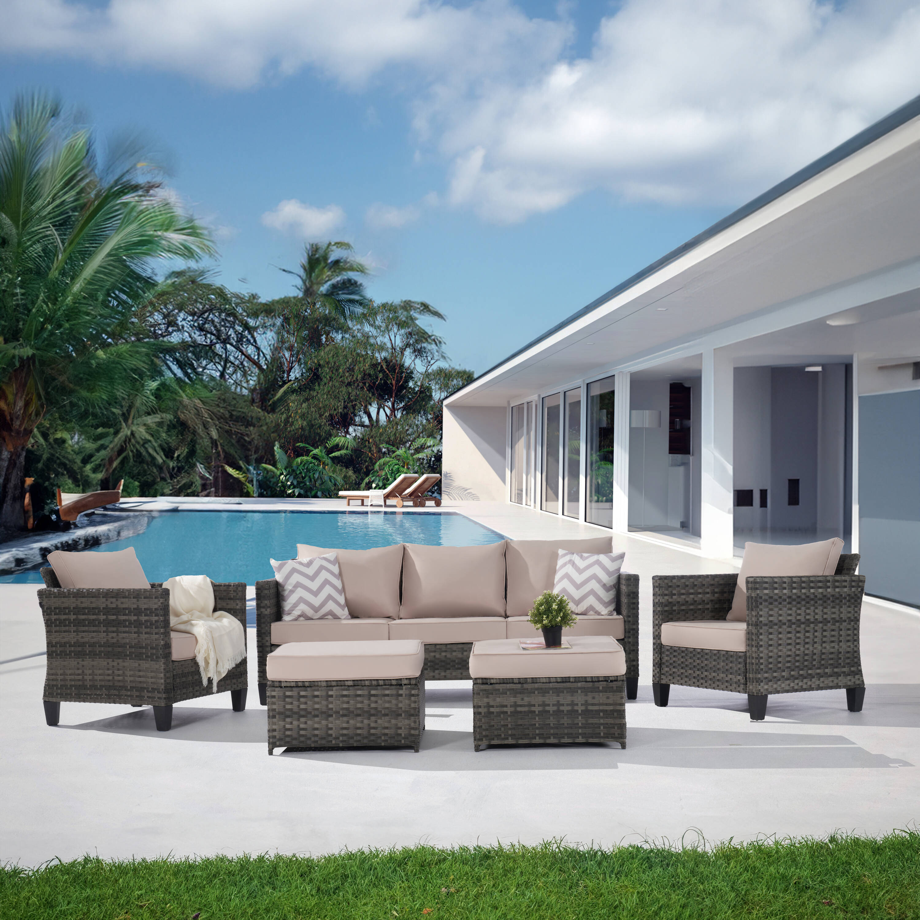 SANSTAR L-WS82SN-V2 Patio Conversation Set 5 -Piece Wicker 2 Patio Sofa Conversation Set with Beige Cushions