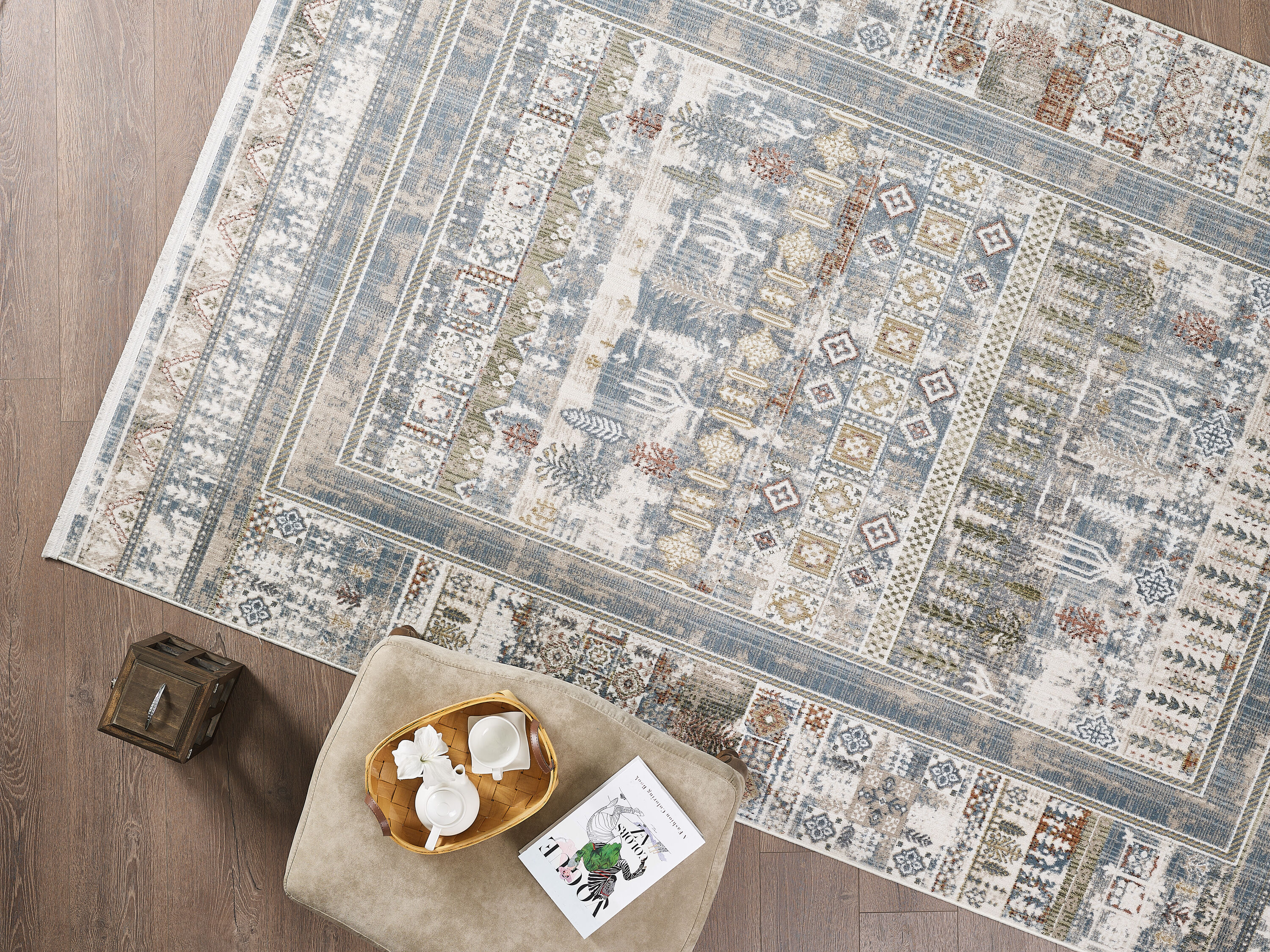 Maxax TB083 Deco Oasis 2 x 8 (ft) Flatweave Polyester/Polypropylene Blue and Brown Cream Rectangular Indoor Floral/Botanical Vintage Machine washable Runner rug