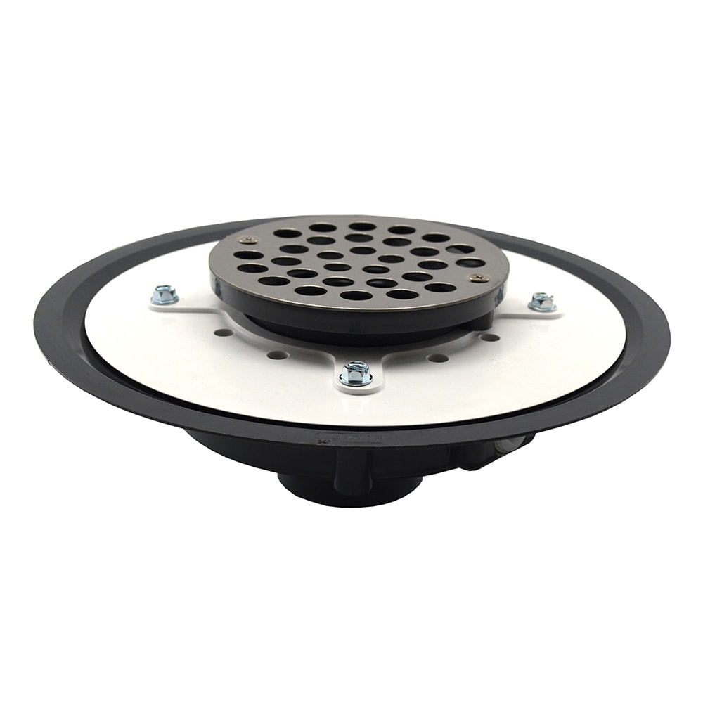 Jones Stephens D53442 2 inch Heavy Duty PVC Floor Drain Base with 3-1/2 inch Plastic Spud, 10 inch Pan and 5 inch Stainless Steel Round Strainer