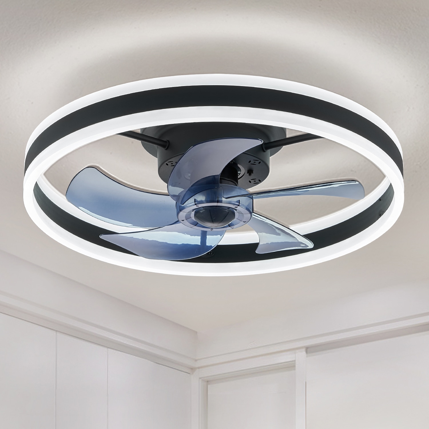 Antoine Low Profile 20-in Black Bladeless Color-changing LED Indoor Flush Smart Ceiling Fan with Light in the Ceiling Fans department at Lowes.com