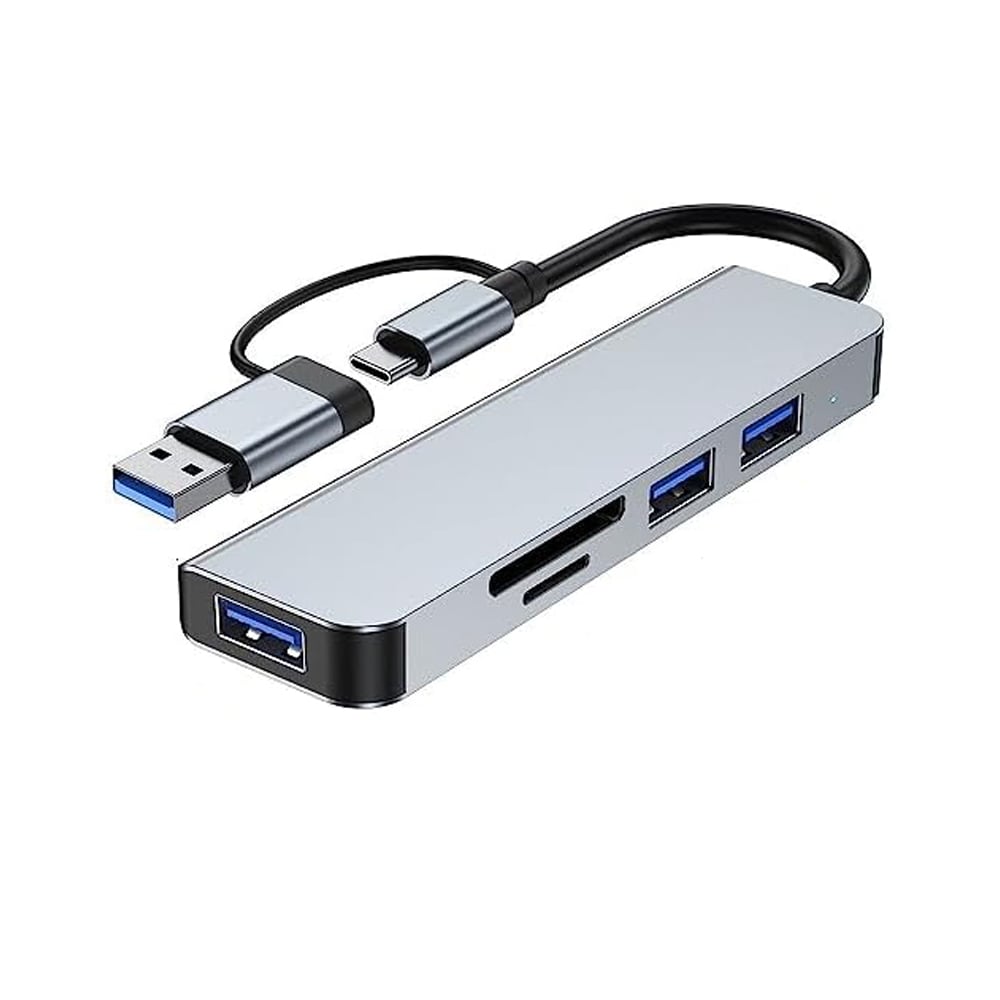 Etokfoks  5 in 1 Aluminum USB Hub and Memory Card Reader with 3 USB Ports plus SD and TF Slots for PC Laptop and Tablet Use