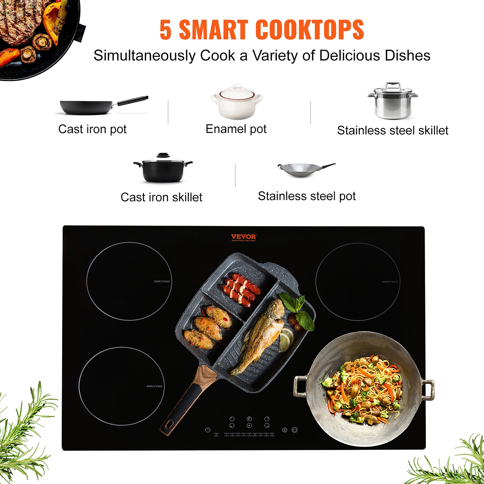 VEVOR 30.3 x 20.5 x 2.4-IN 9200W 240V 30-in 5 Burners Black Induction ...