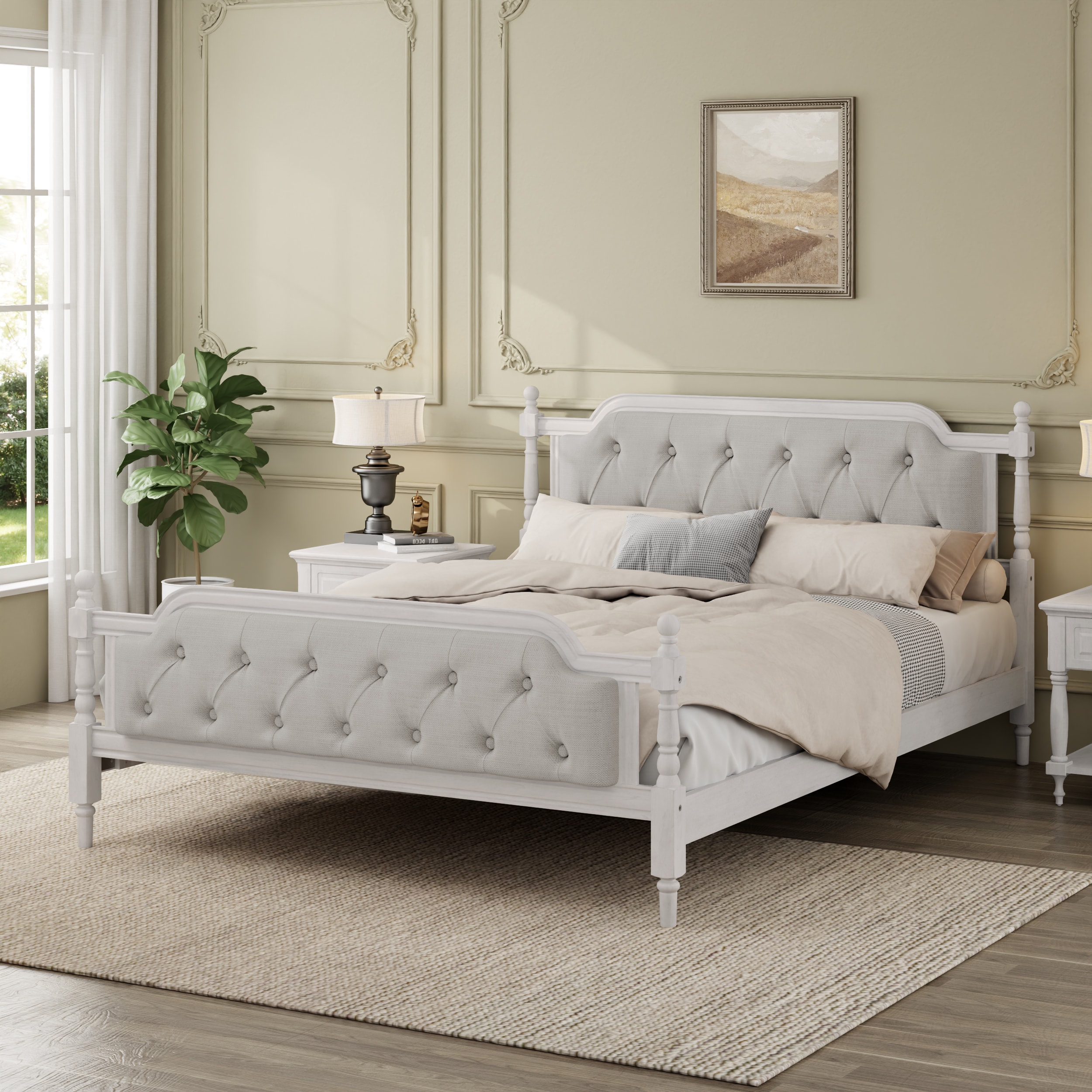 LOVMOR SF-Y-BS701P242647K Traditional Style Solid Wood Bed Frame with Upholstered Tufted Headboard No Box Spring Needed Queen Size Antique White