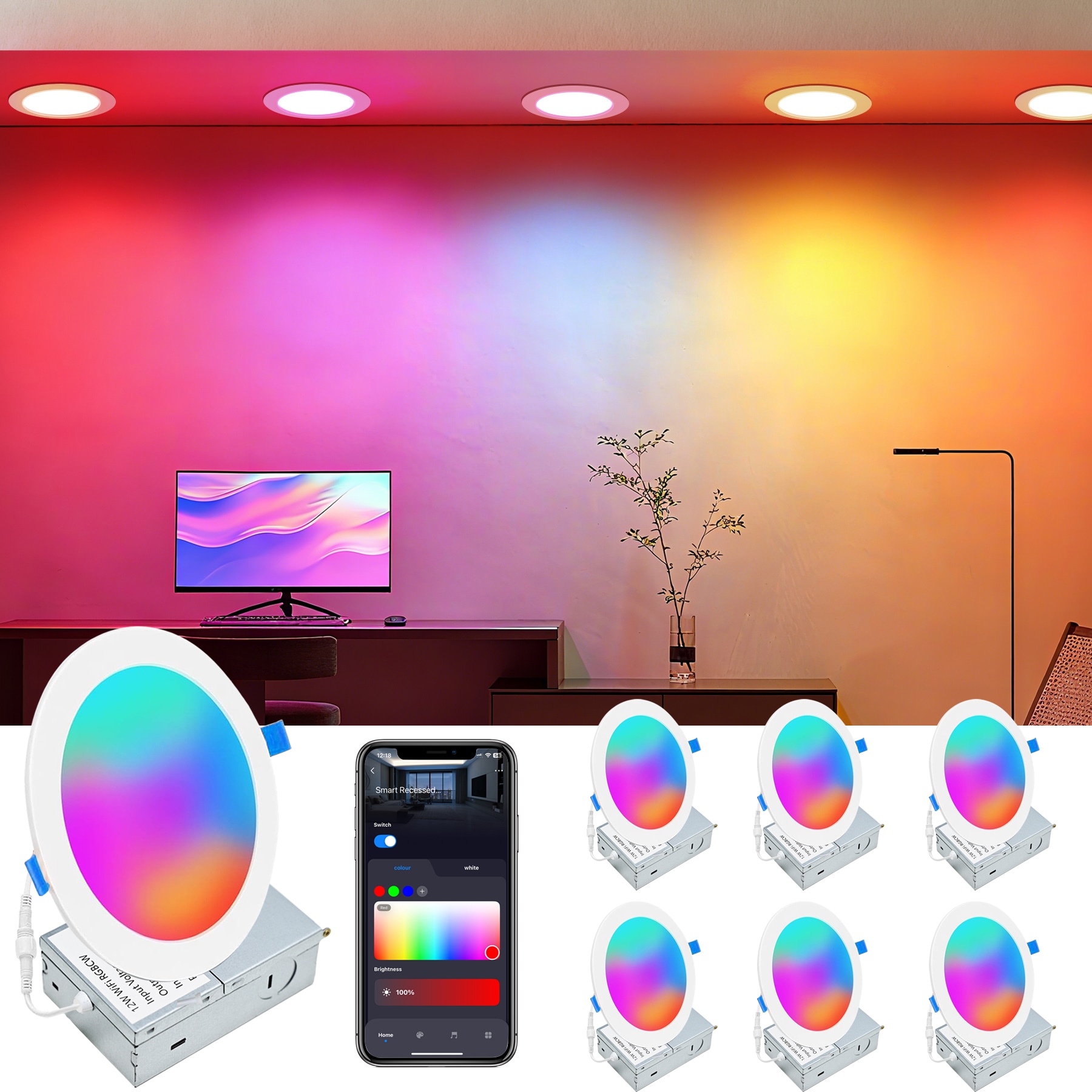 Bieuoram 6 Pack 6 Inch Smart LED Recessed Lighting RGBCW Color Changing Downlight Dimmable LED Ceiling Lights 1320 Lumens For Bedroom Ambient Light Gamehouse