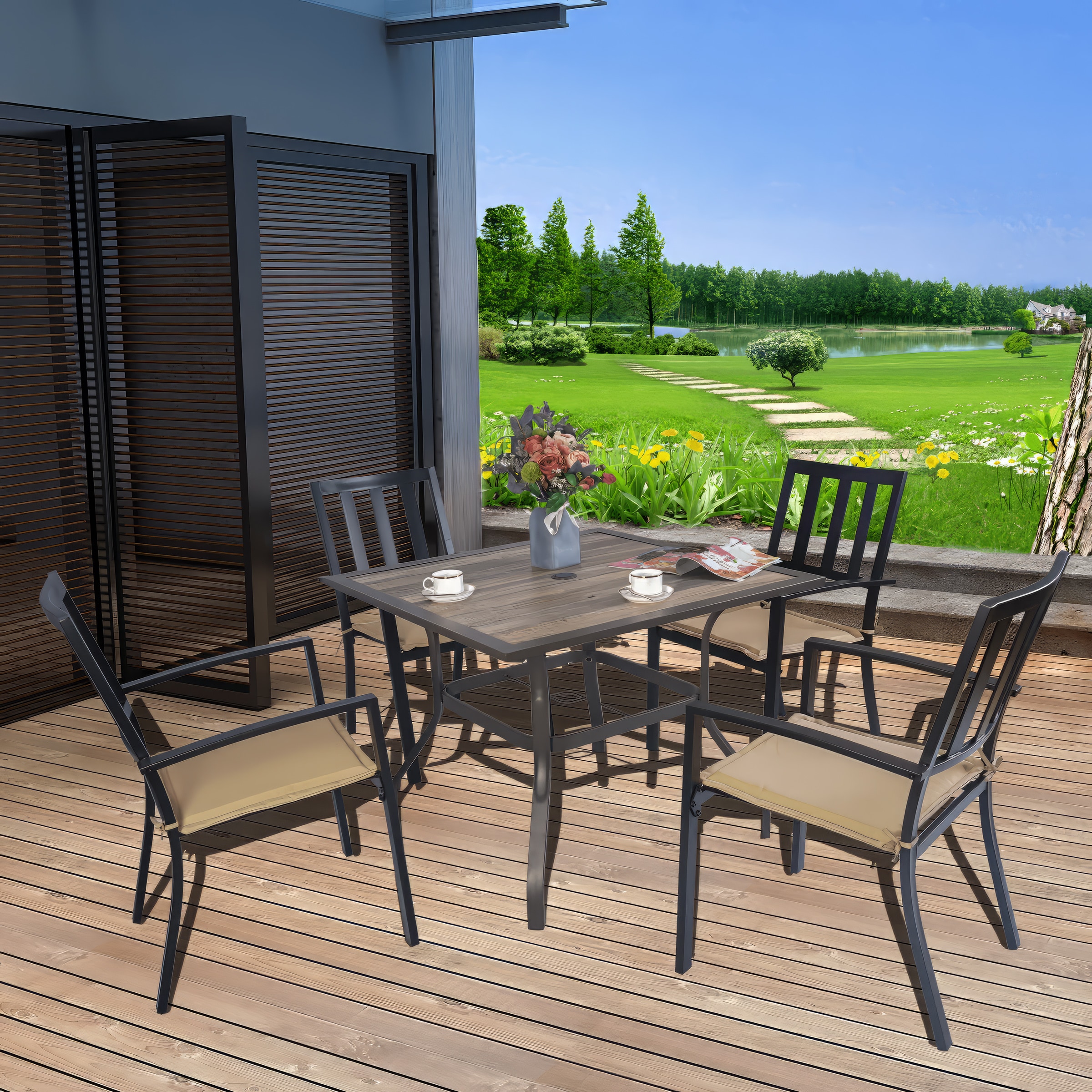 Kozyard 37" Brown Wrought Iron and Laminate Wood Outdoor Dining Table