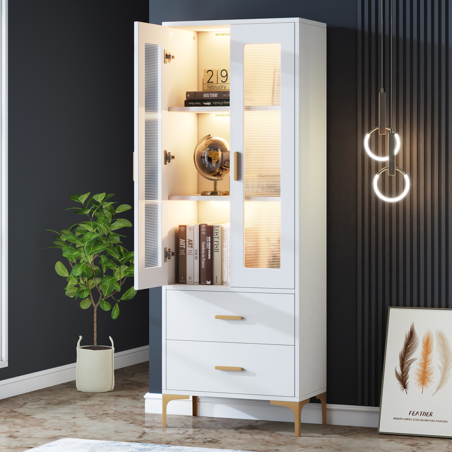 Tribesigns White and Gold Metal 3-Shelf Bookcase with Doors (23.62-in W ...