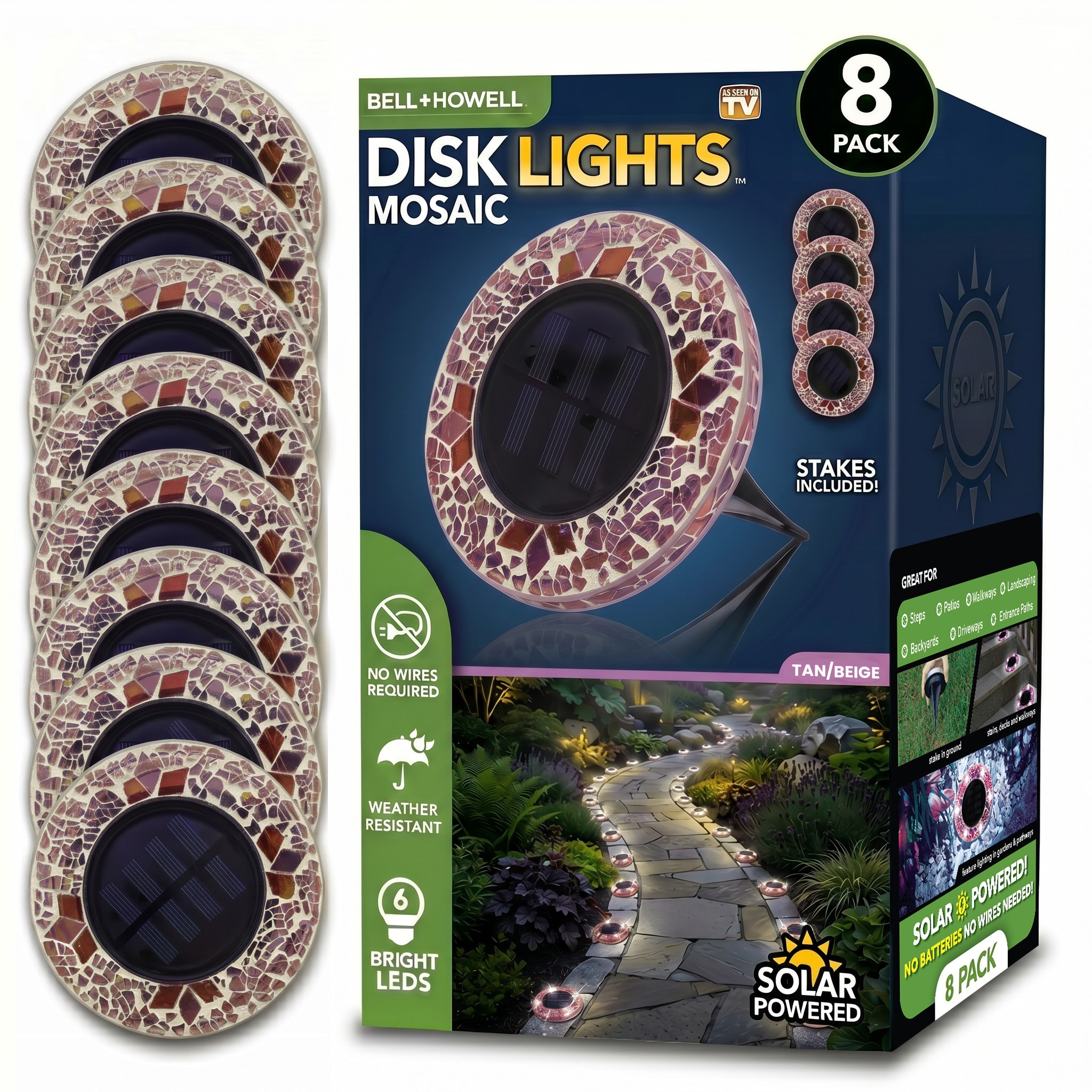 BELL + HOWELL 8 -Pack Disk Light Mosaic 48 -Lumens Mosaic Tan Solar LED Outdoor Path Light Kit ( 6500-K )
