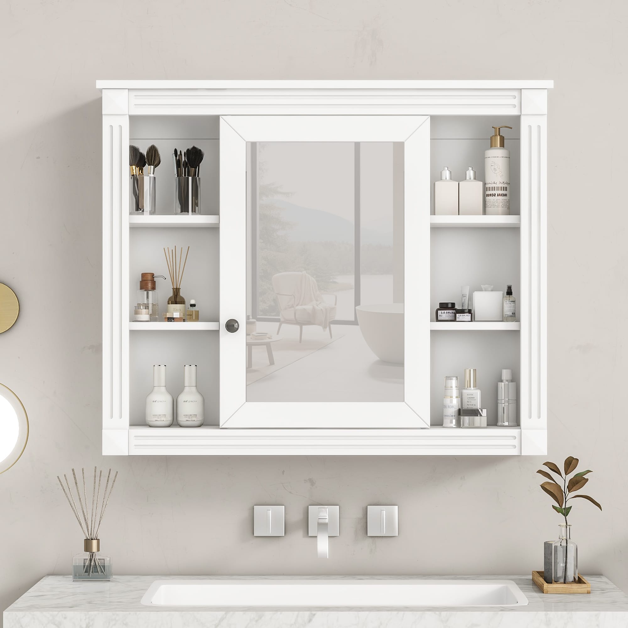 Lordear White 35-in W x 29-in H Rectangular Wall-Mounted Bathroom Mirror Cabinet with 6 Open Shelves