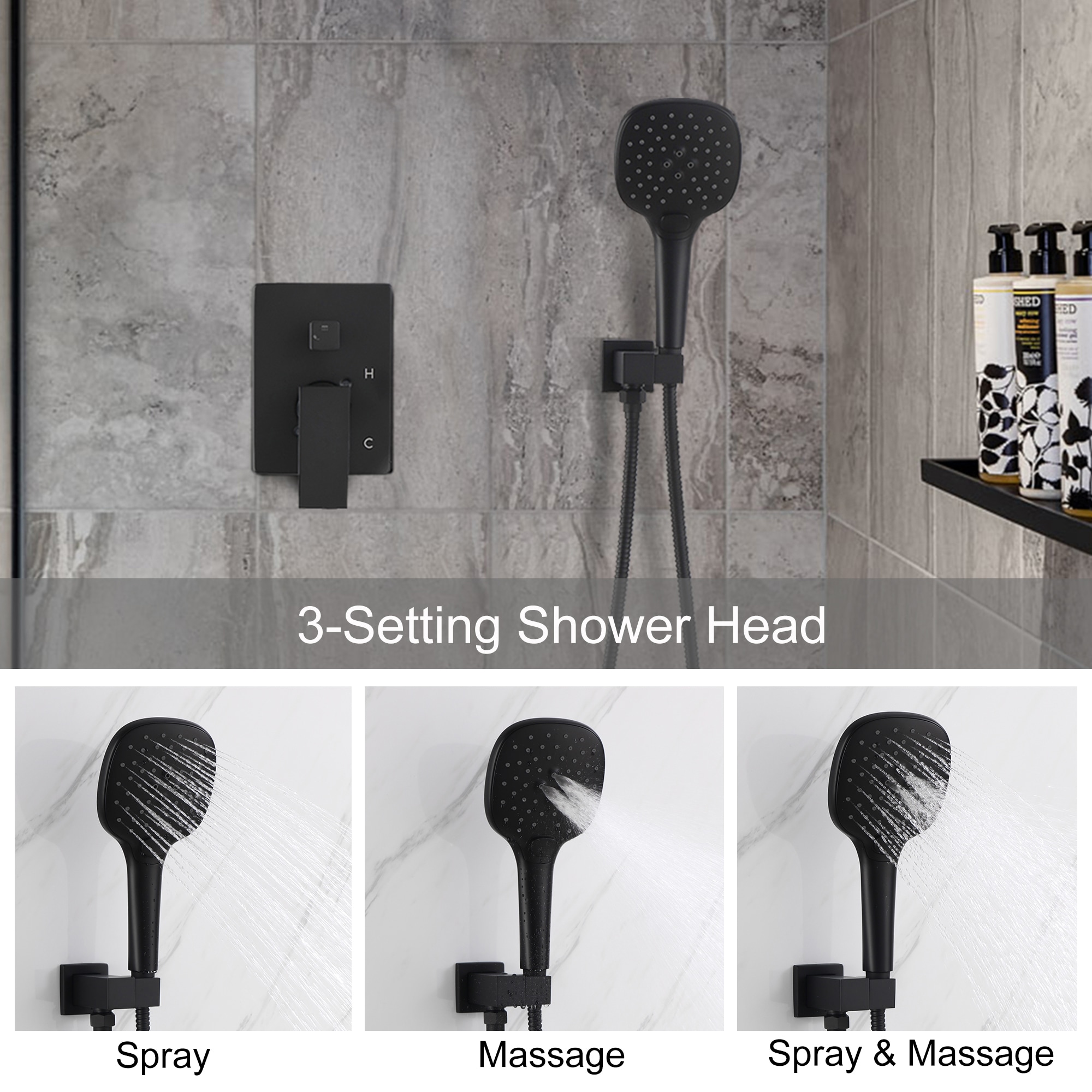 Mondawe Matte Black Dual Head Waterfall Built-In Shower System With 2 ...