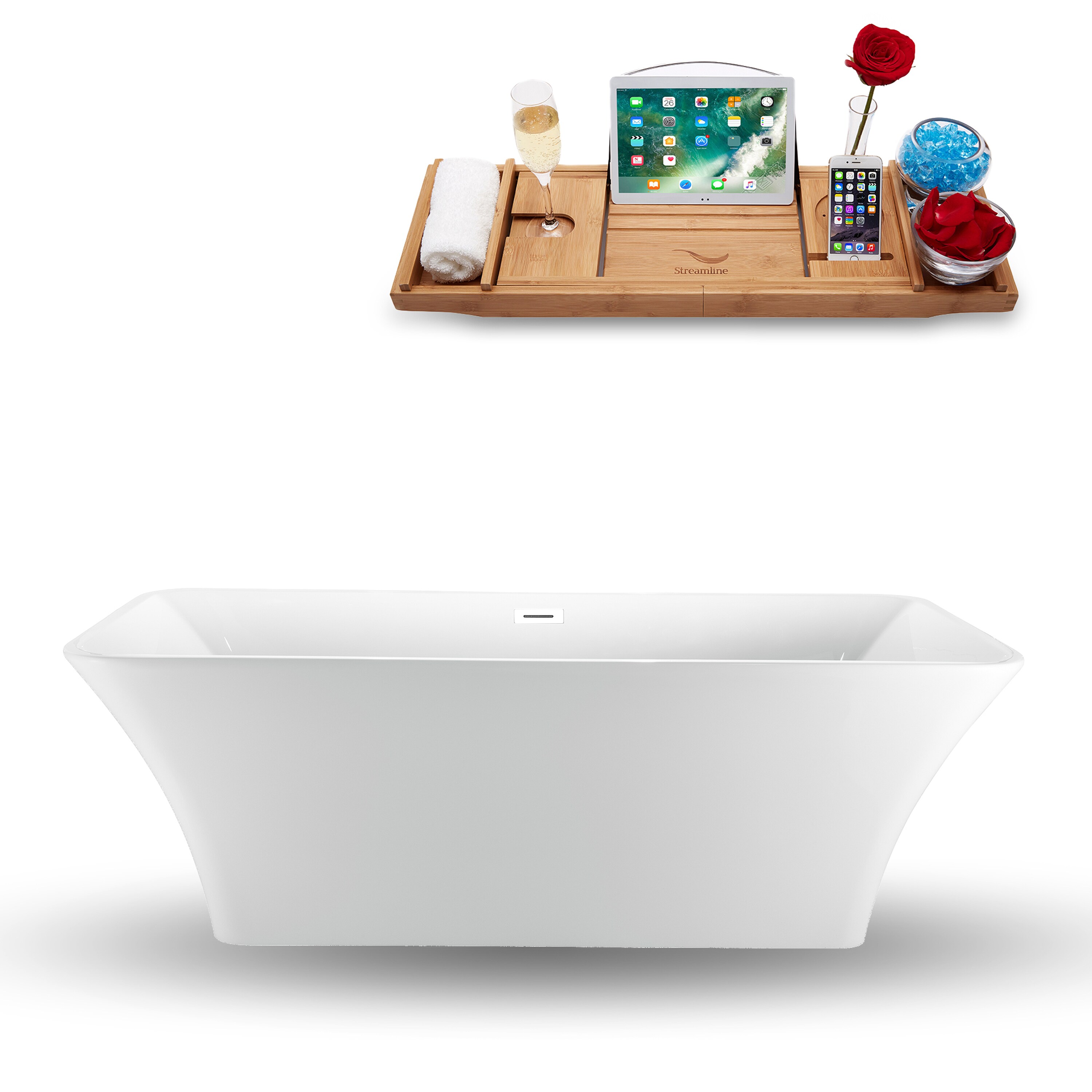 Streamline N1000WH 31.5-in x 70.9-in Glossy White Acrylic Rectangular Freestanding Soaking bathtub with Drain ( Center Drain )