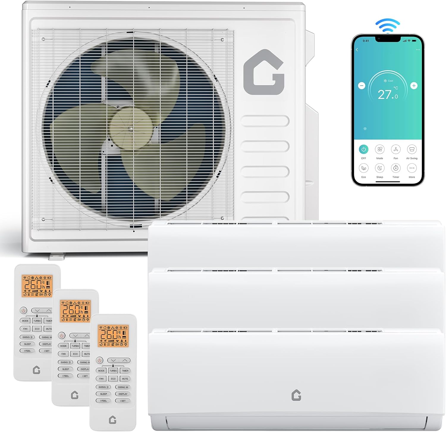 Garvee  28K BTU 3 Zone Mini Split AC Heating System 20 SEER2 Ductless Mini Split Air Conditioner 9000 and 12000 and12000 BTU with Wifi No Copper Tube Line Set Included 208 to 230V