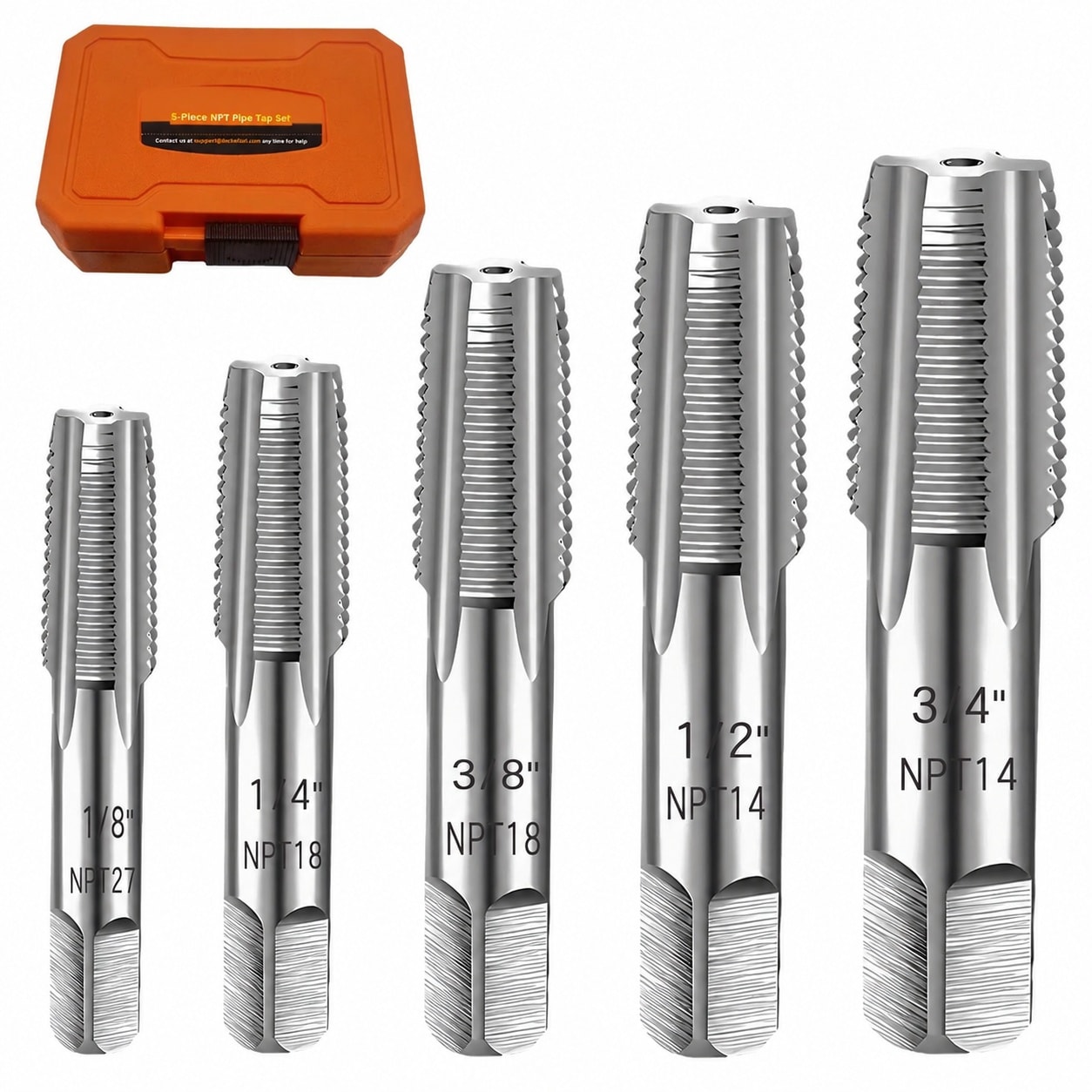 Linder Group Inc NPT Pipe Tap Set 5 Piece Precision Carbon Steel Threading Tool Set for Plumbing and Mechanical Use Includes Three Quarter Half Three Eighths