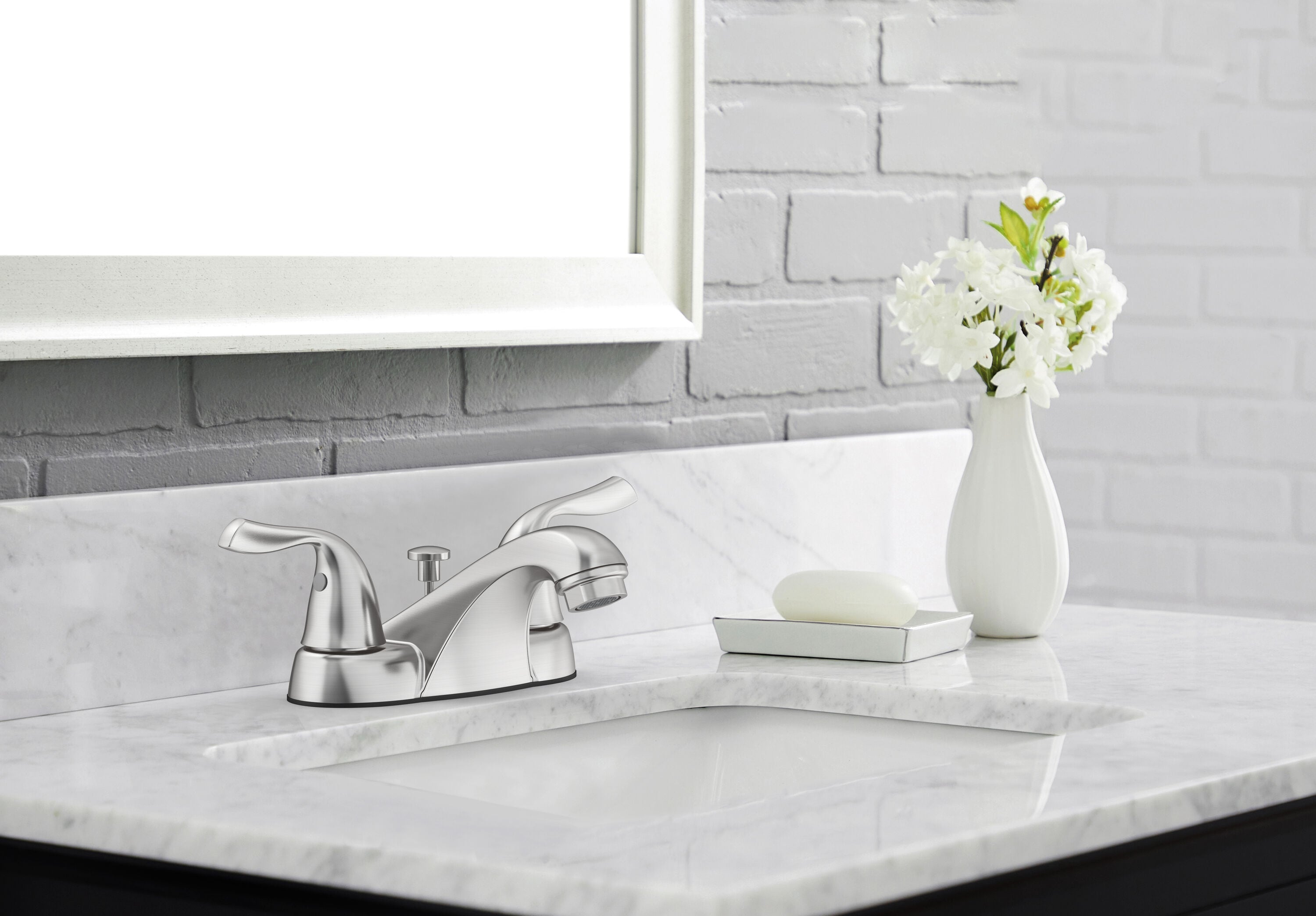 Project Source 67223W-613209 Satin Nickel 4-in centerset 2-handle WaterSense Low-arc Residential Handle Bathroom Sink Faucet with Drain with Deck Plate