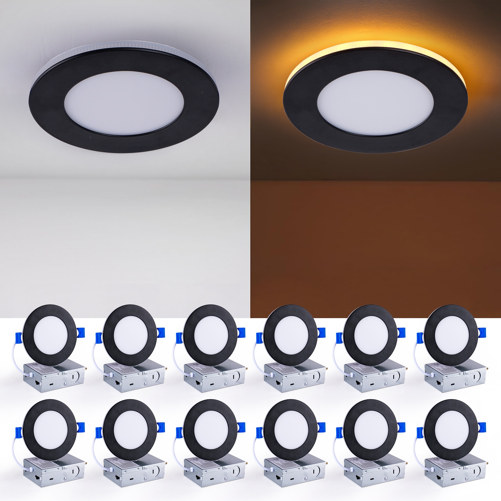 Bayfeve 4 Inch Black LED Canless Recessed Light with Night Light 12 Pack