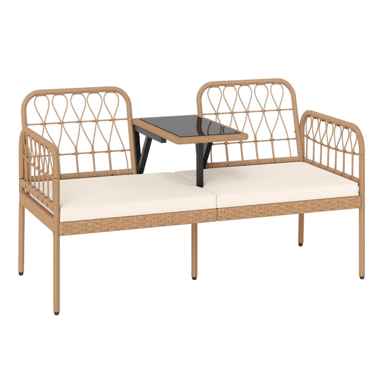 SUGIFT 2-Seat PE Rattan Outdoor Loveseat Built-In Tempered Glass Coffee Table 54-in Sofa Cushions-White
