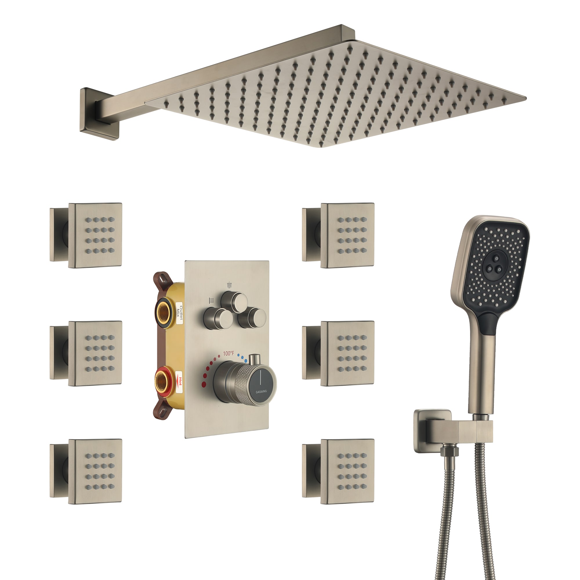 CASAINC CS6219-12BN Brush Nickel 12-in Built-In Shower Faucet System with 3-way Diverter ( Thermostatic Valve Included )