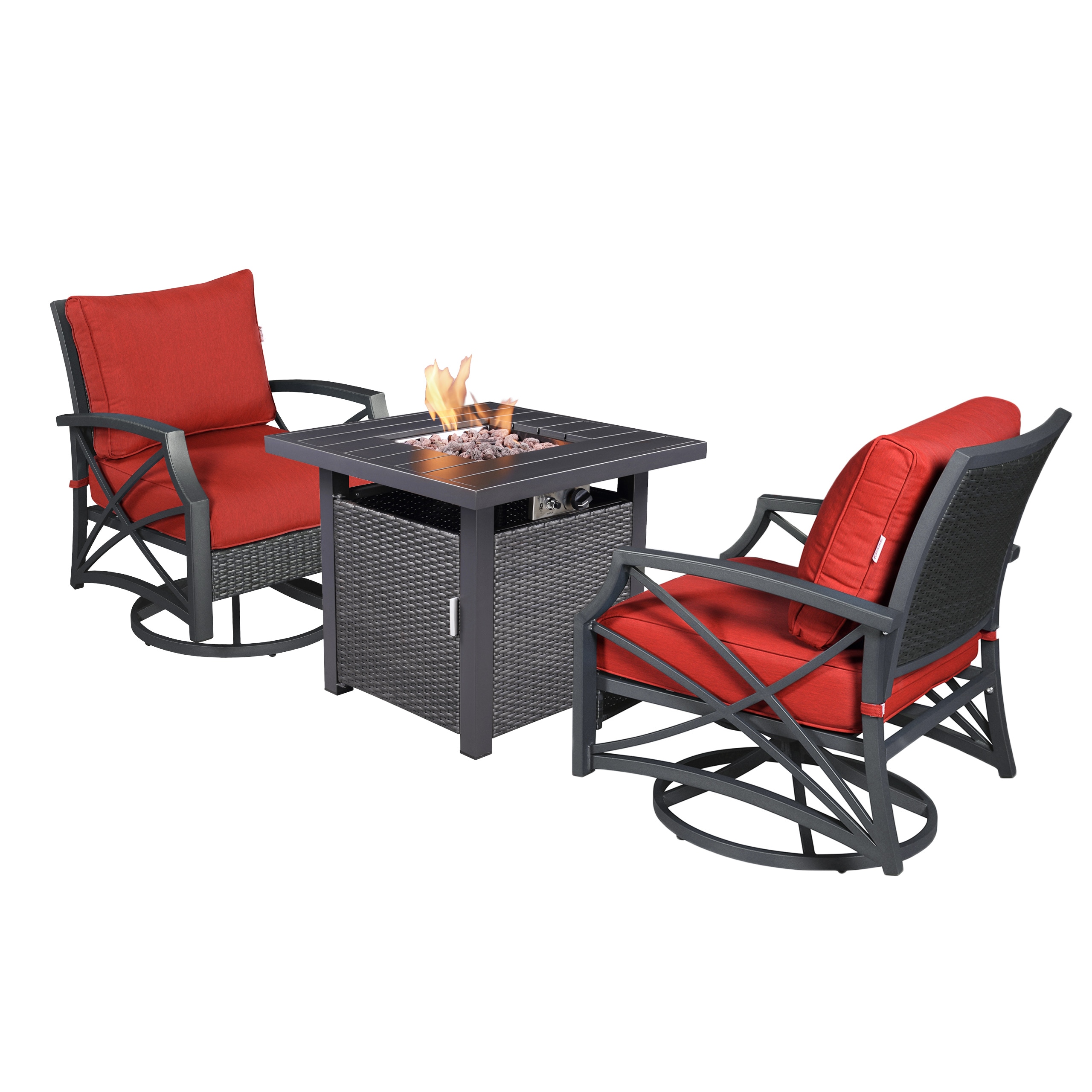 Kinger Home FP-005TGRY-SET-RED Lark 3-Piece Wicker Patio Conversation Set with Red Cushions