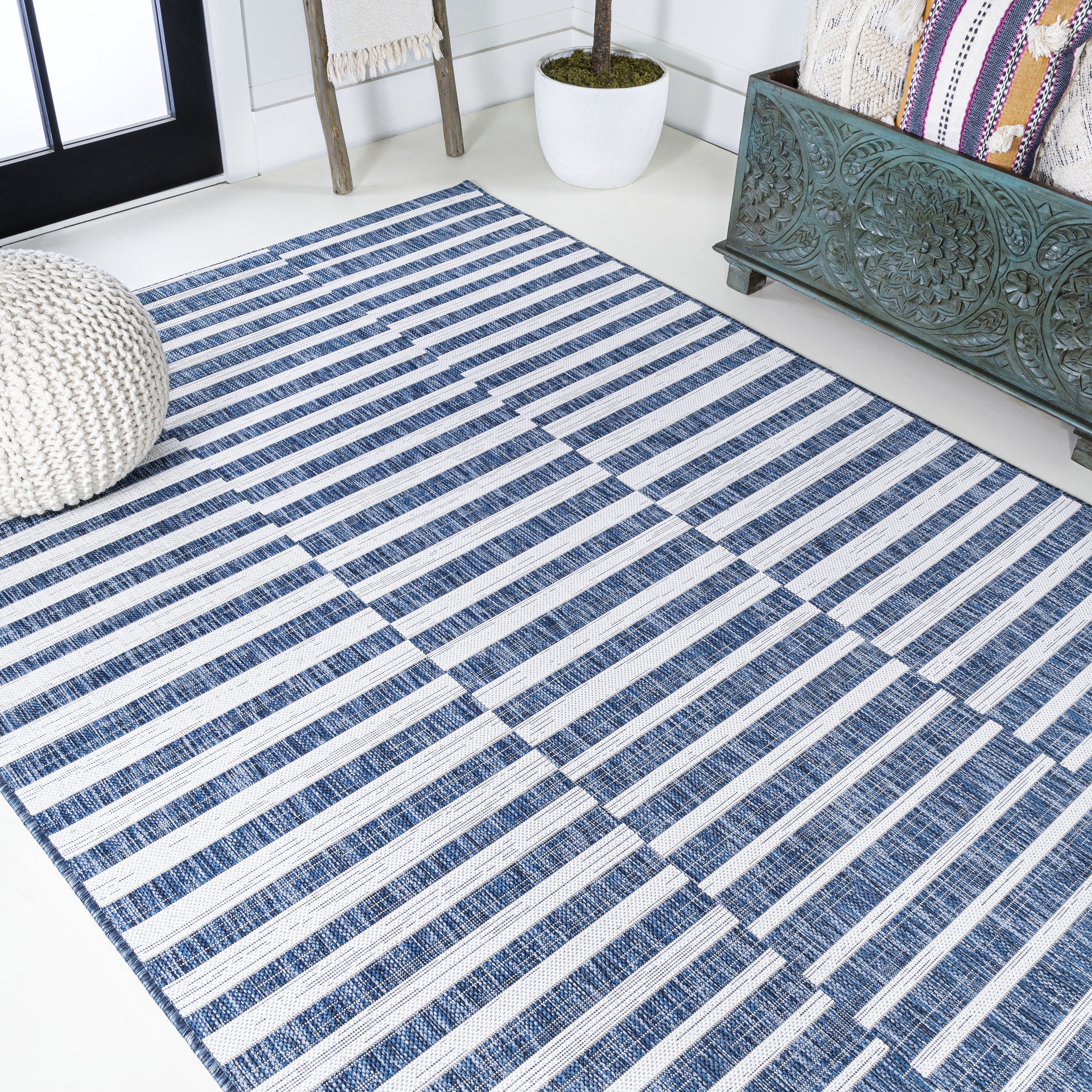 Sukie Reversible Blue/Ivory Stripe Synthetic 3x5 Area Rug