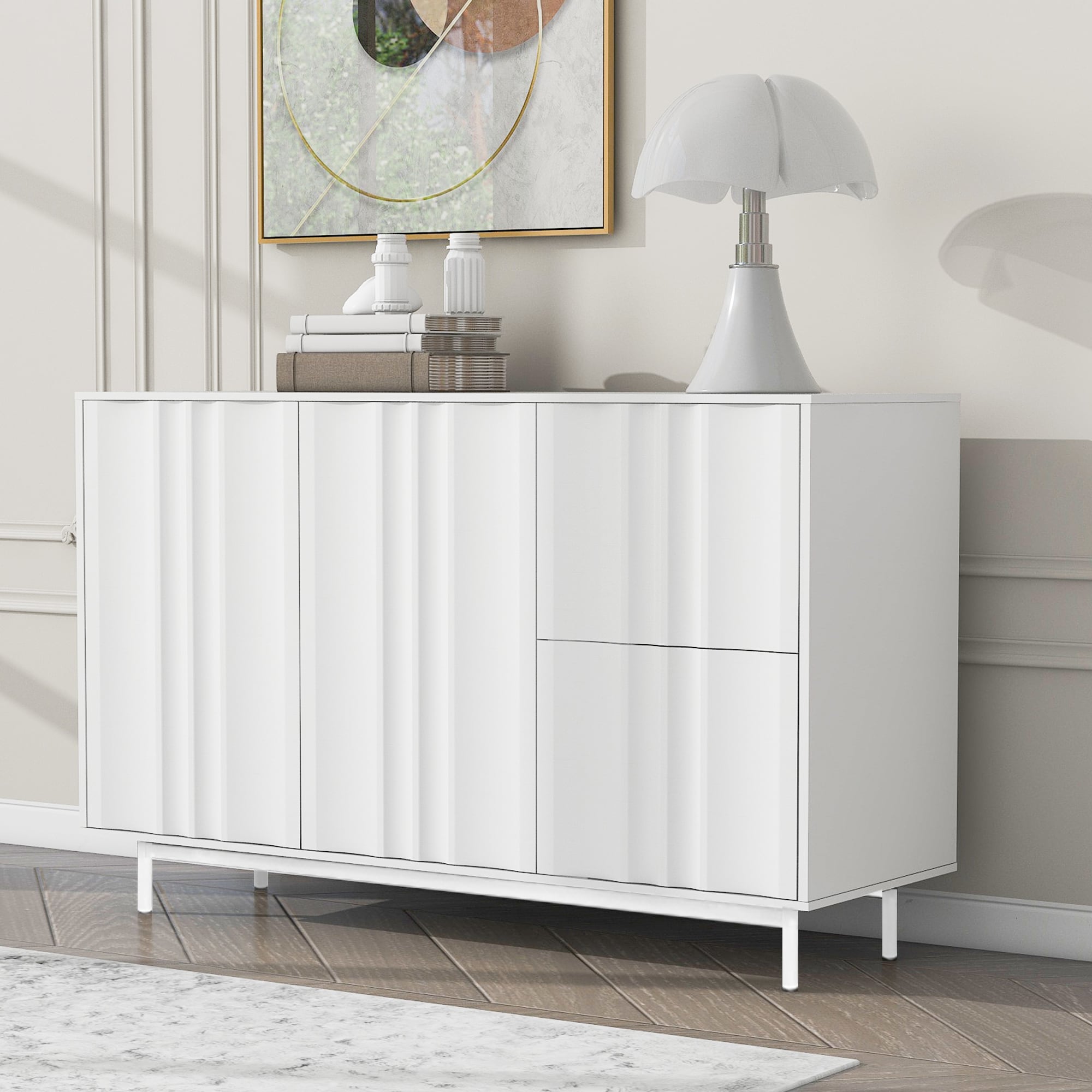 ModernLuxe L3P-WF317509AAK 47.2inch Buffet Sideboard Cabinet with 2 Doors And Drawers Adjustable Shelf Metal Legs Wave Pattern Kitchen Pantry Cabinets for Dining Room Bedroom Living Room