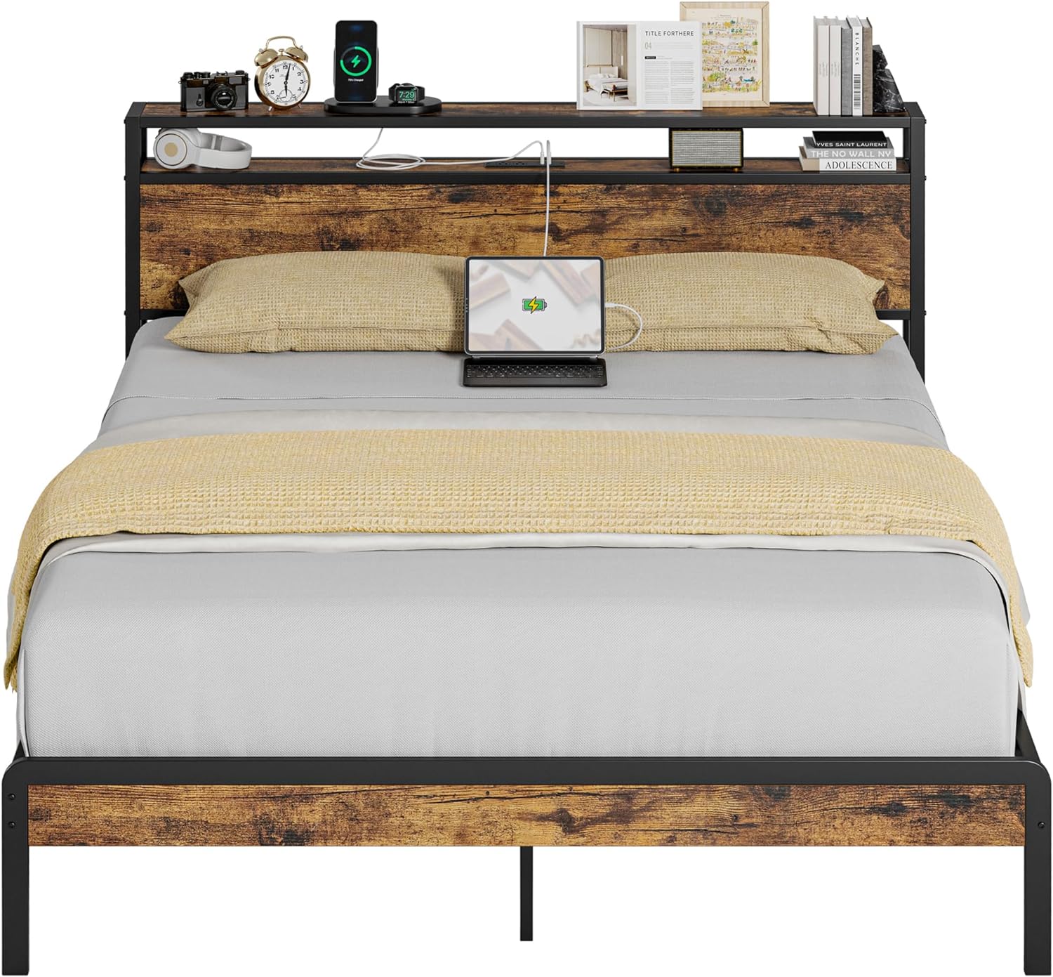Ironck USAN1036345A 62.6-in W Vintage Brown Queen Size Bed Frame with 2-Tiers Storage Headboard and Power Outlets