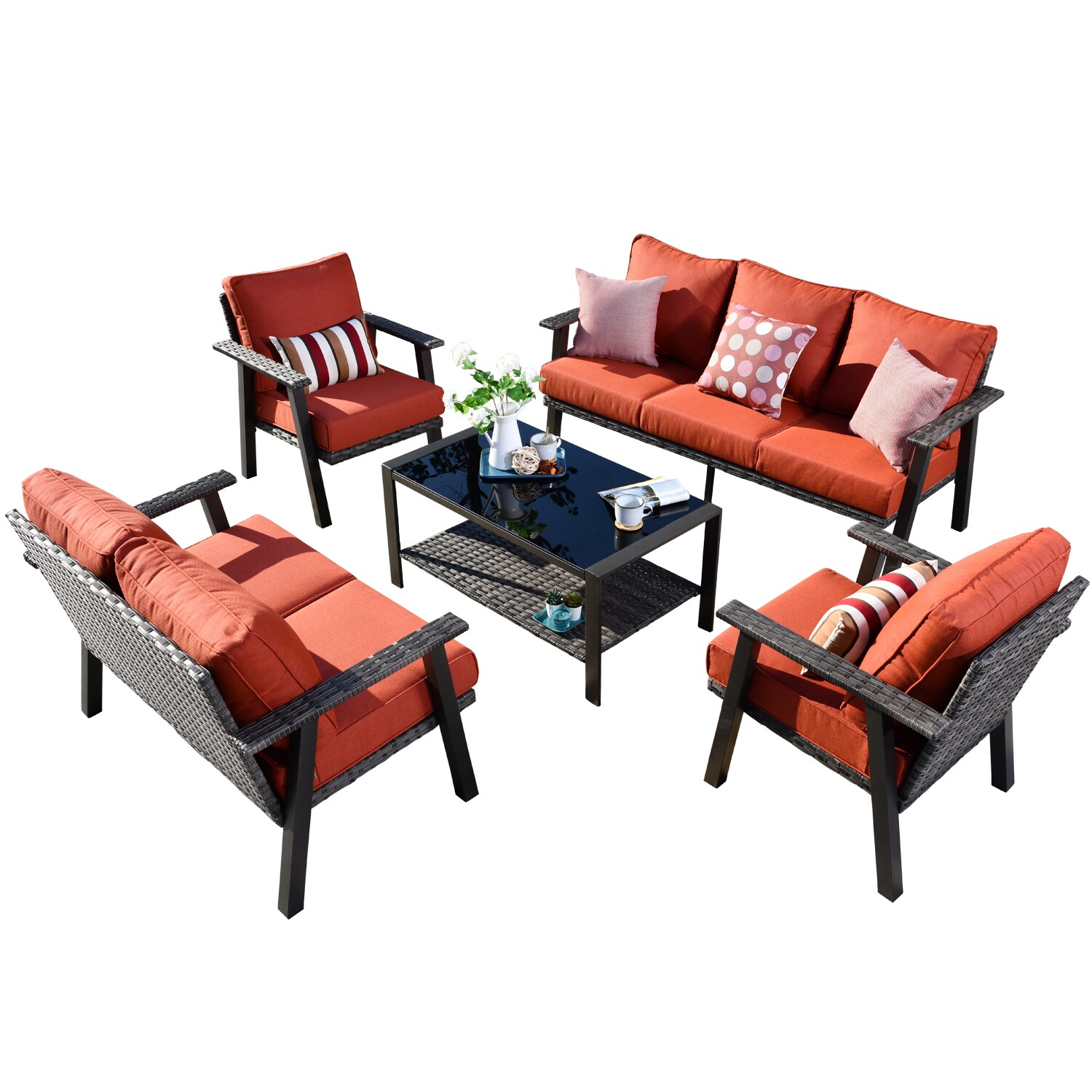 XIZZI XIHWB803 Taurus 5 -Piece Wicker Patio Sofa Conversation Set with Orange Cushions