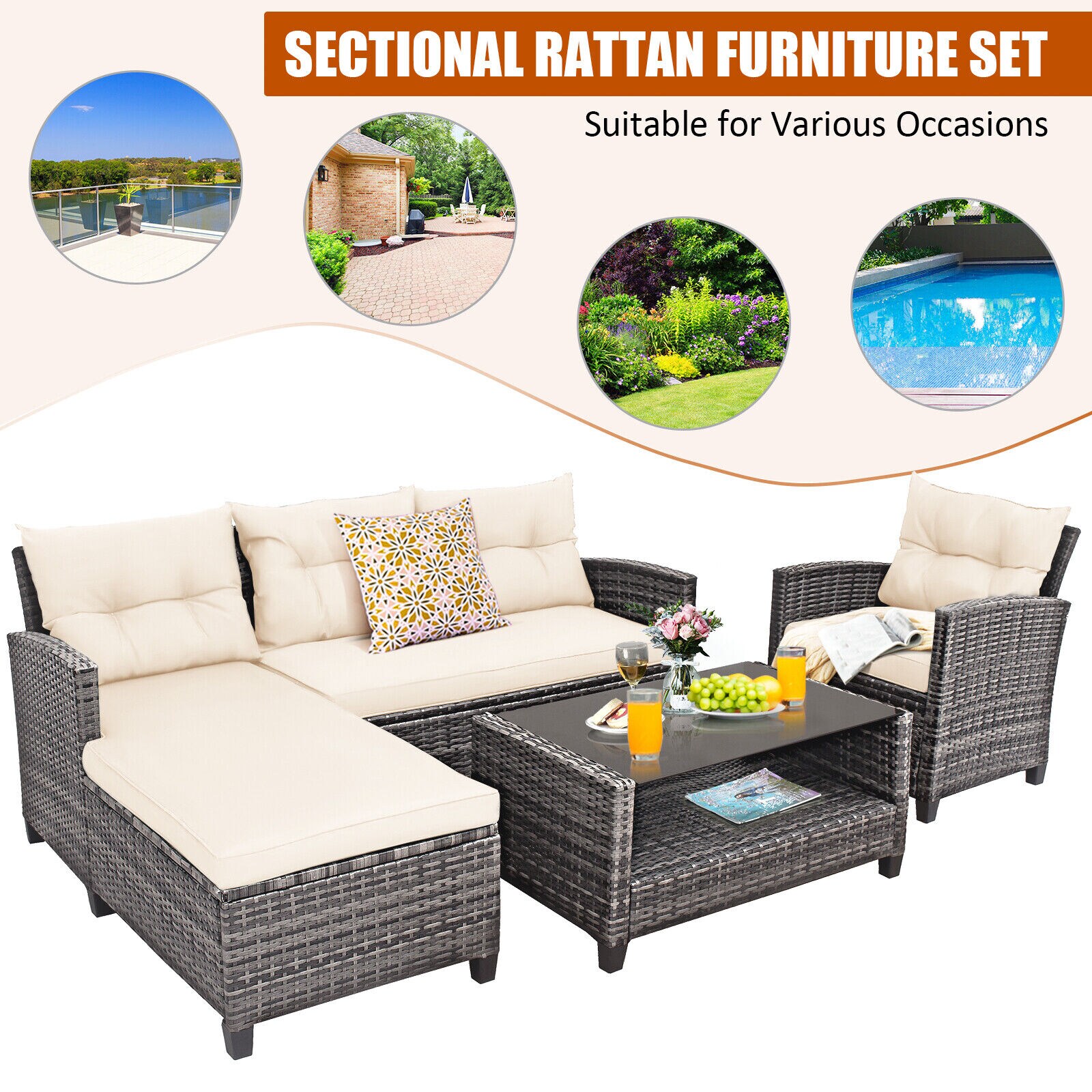 Off-White 5-Person PE Rattan Patio Furniture Set with Cushions and Glass Table