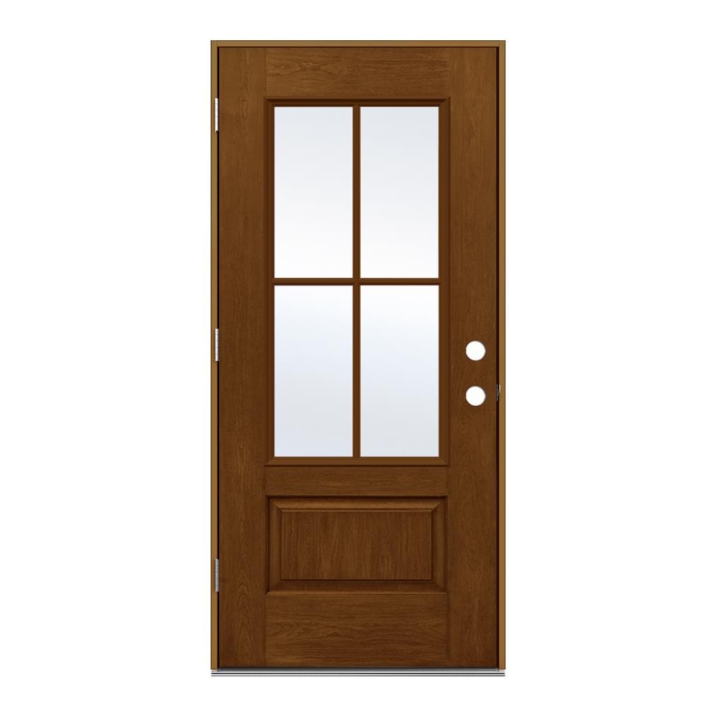 JELD-WEN LOWOLJW232500025 36-in x 80-in x 4-9/16-in Fiberglass 3/4 lite Right-hand outswing Mocha Stained Prehung Front Door Insulating core
