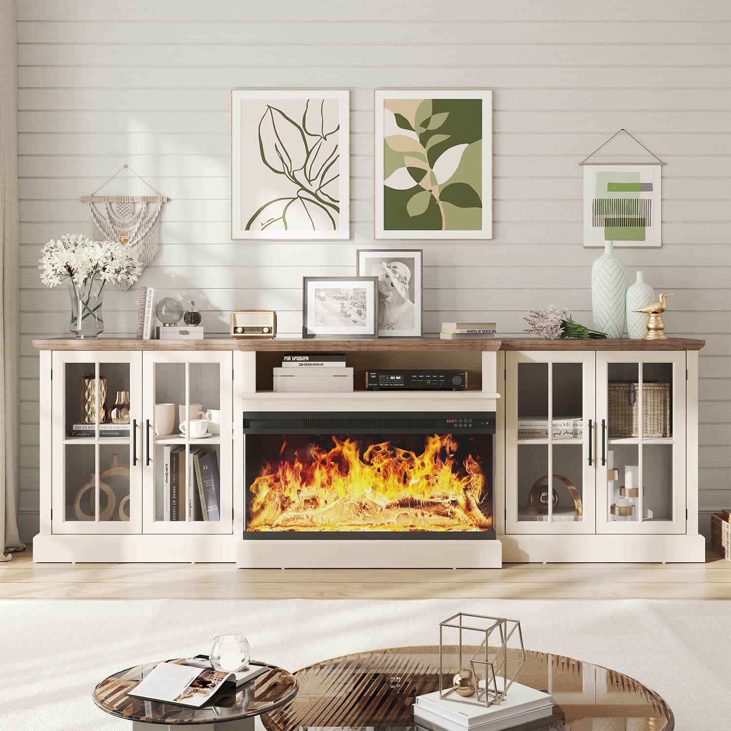 Sunmthink 98in Farmhouse TV Stand with 36in Fireplace Media
