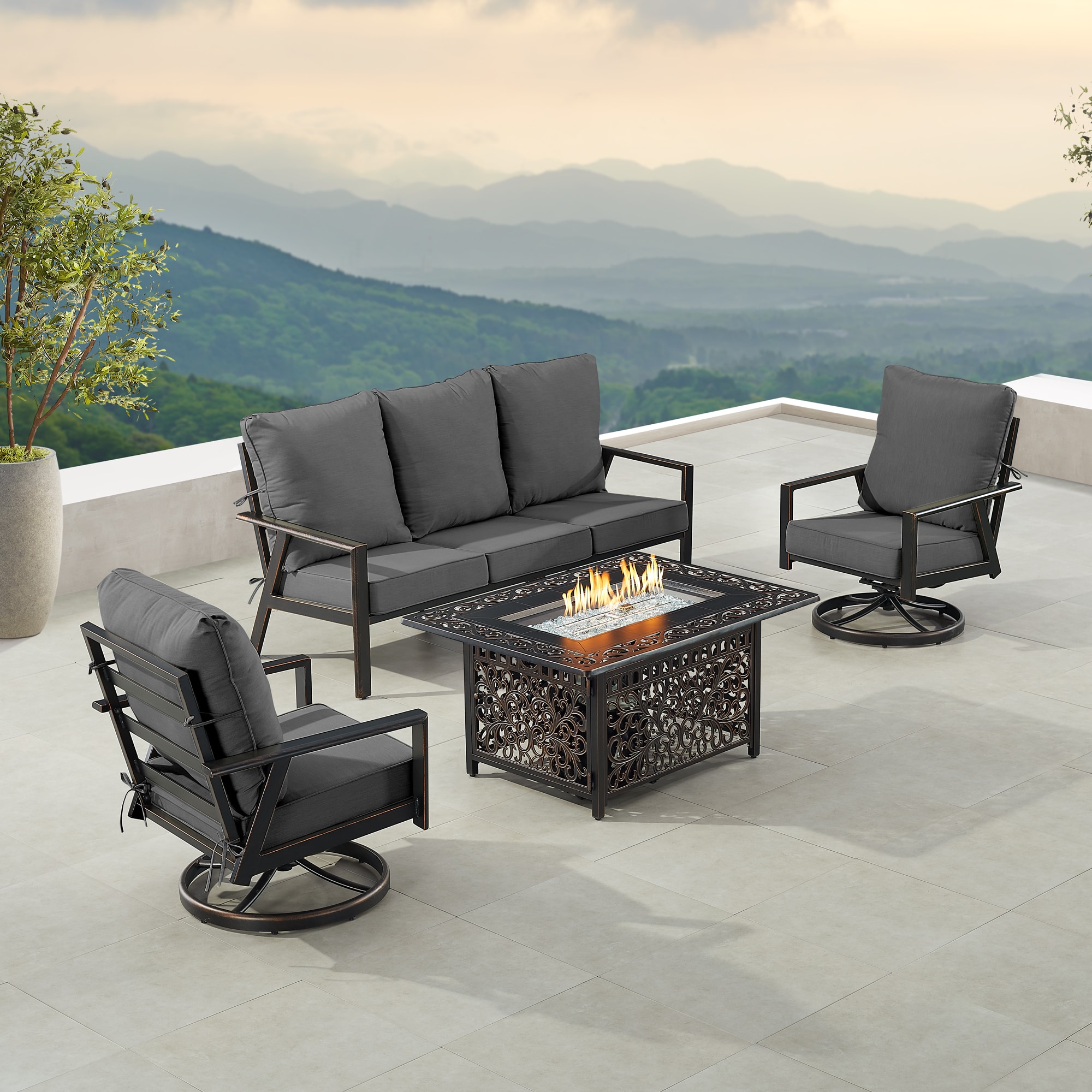 Oakland Living LUX1SF2CHCABOSBKCUA Fire Pit Table Set, Sofa and Two Lounge Chairs 15-Piece Patio Sofa Conversation Set with Black Cushions