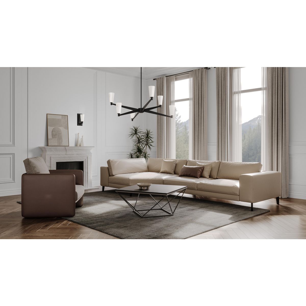 Matte Black Steel 6-Light Chandelier with Faux Alabaster Shades