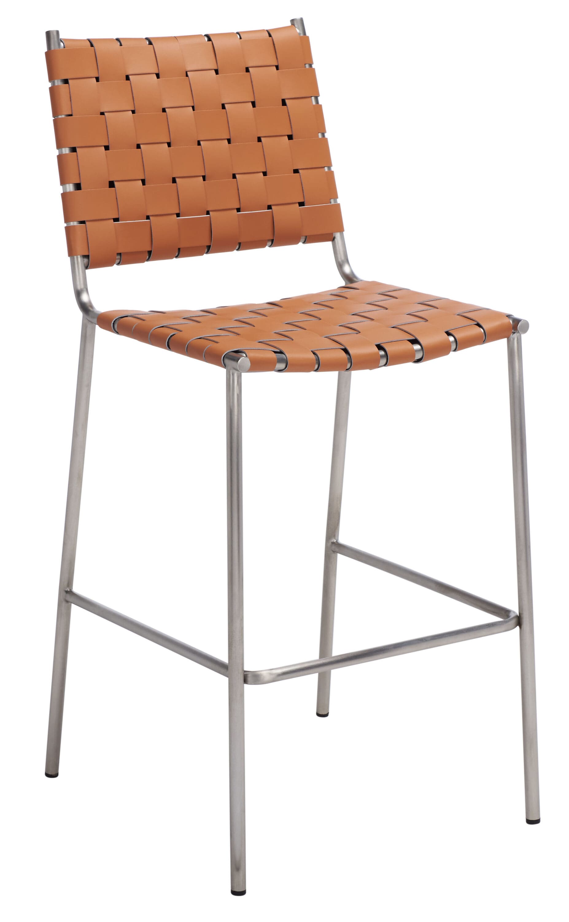 Cognac Leather and Silver Metal Saddle Counter Stool