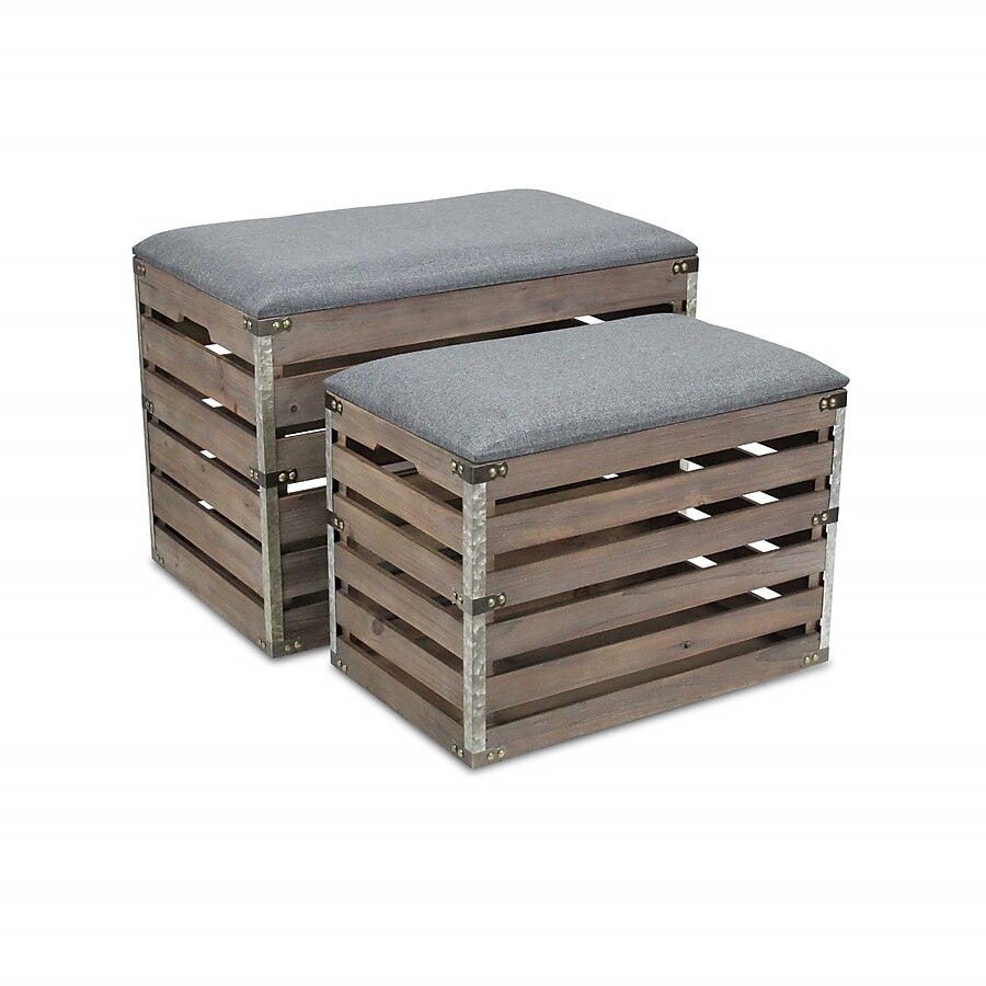 Set of 2 Rectangular Gray Linen Fabric and Wood Slats Storage Benches Set of 2 Rectangular Gray Linen Fabric and Wood Slats Storage Benches