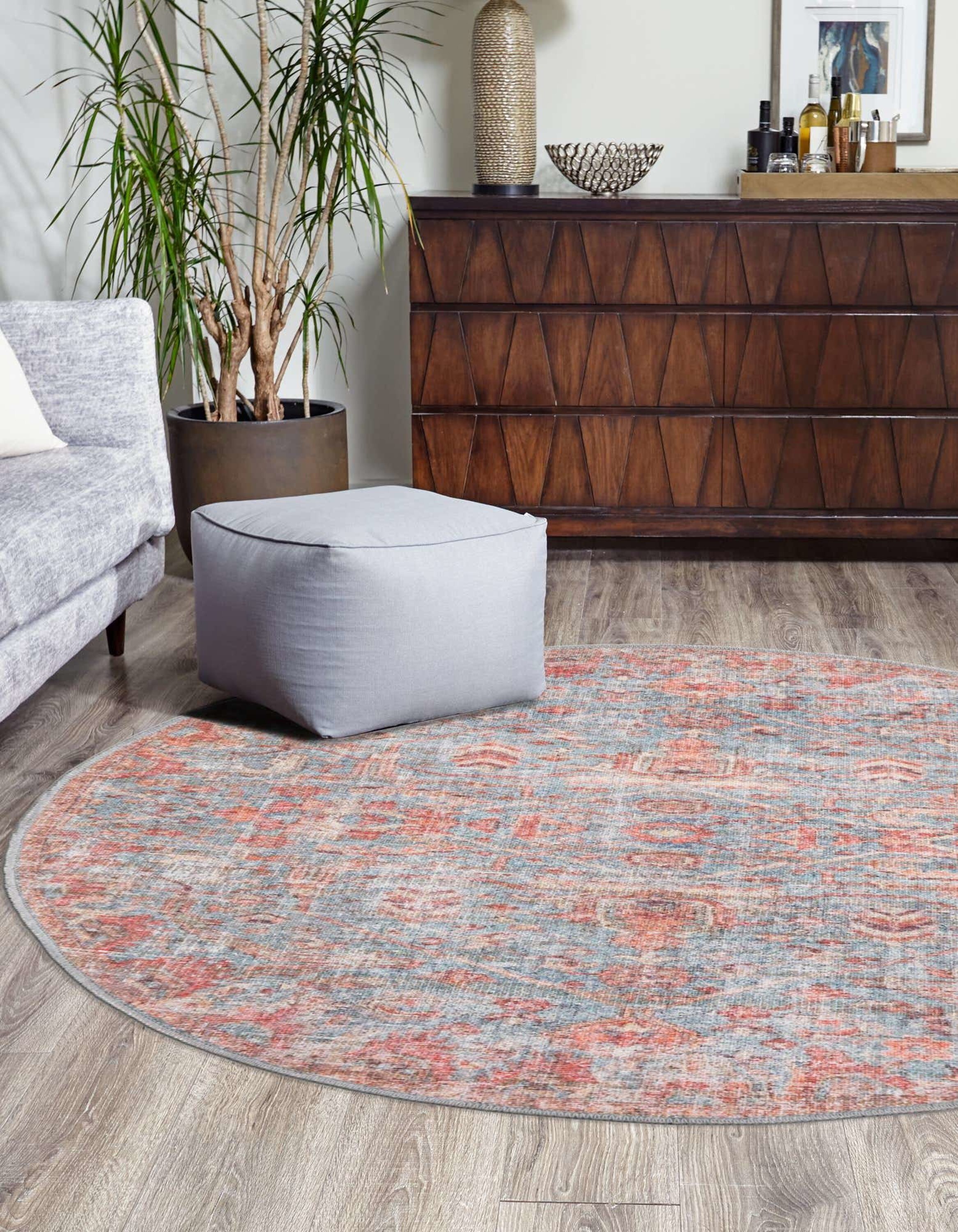 Antique Blue Easy-Care Synthetic Round Rug - Stain-Resistant & Washable