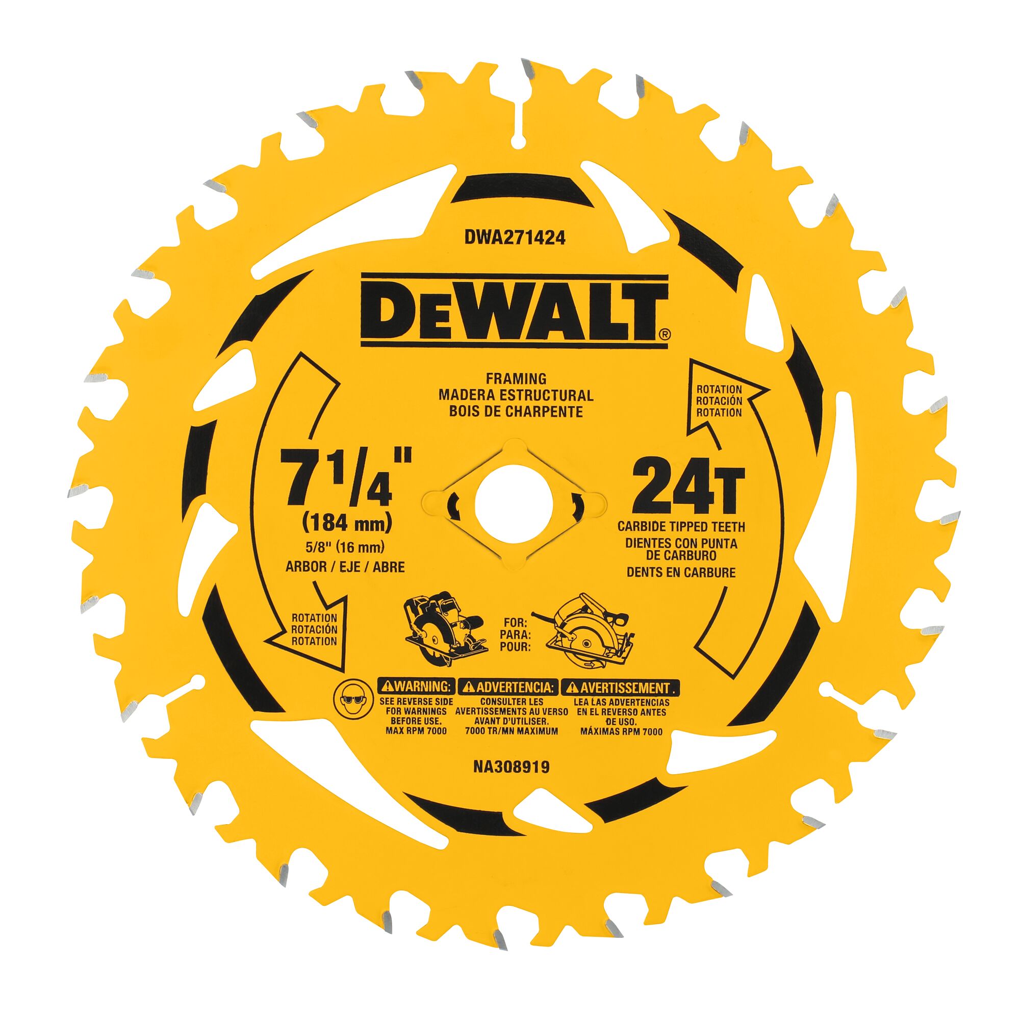DEWALT DWA271424PK3L 7-1/4-in 24 -Tooth Rough Finish Tungsten carbide-tipped steel Circular saw blade Set 3 -Pack