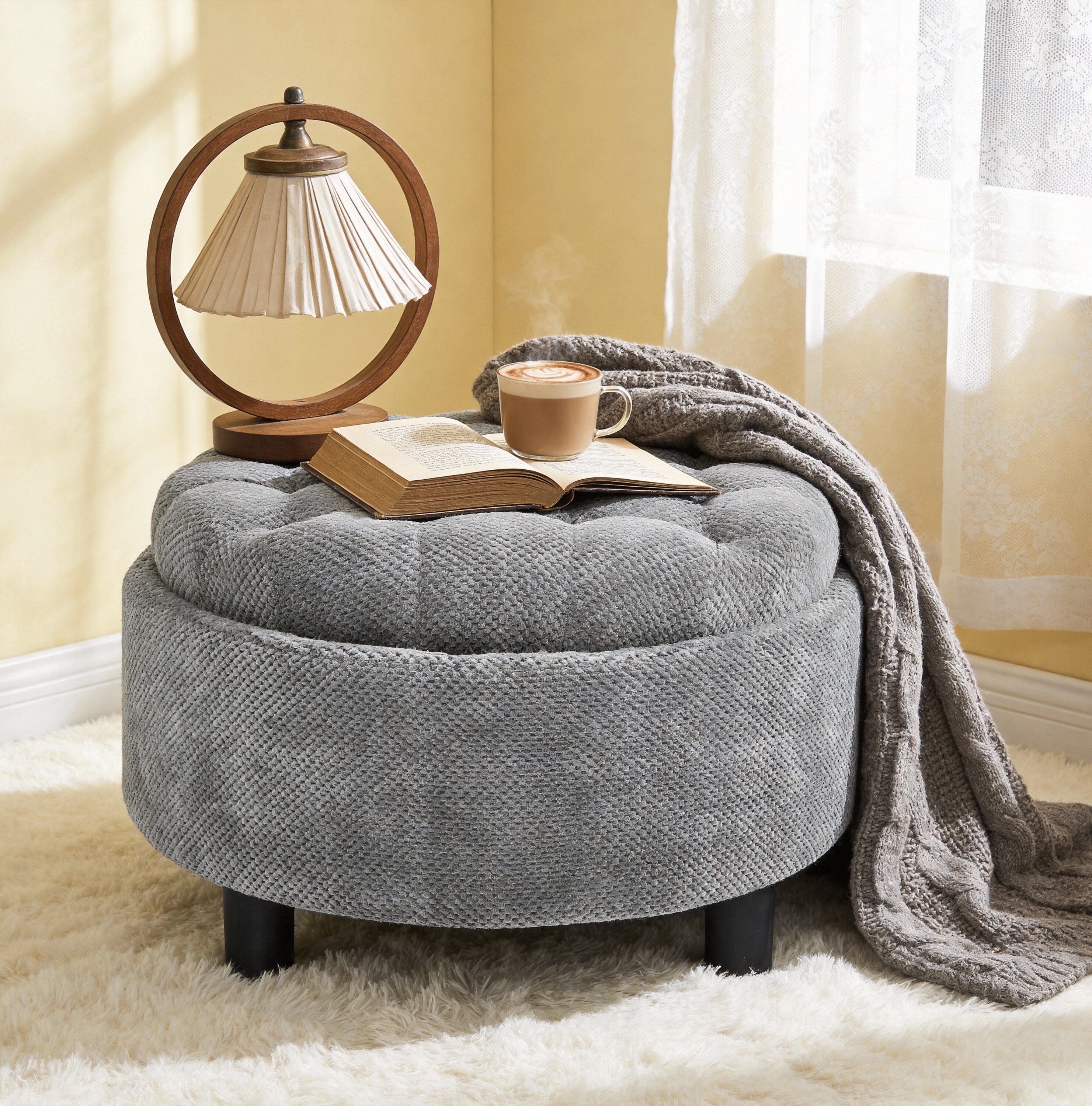JPJPUU - 25Inch Light Grey Round Upholstered Storage Ottoman with Tray Modern Tufted Fabric Circl...