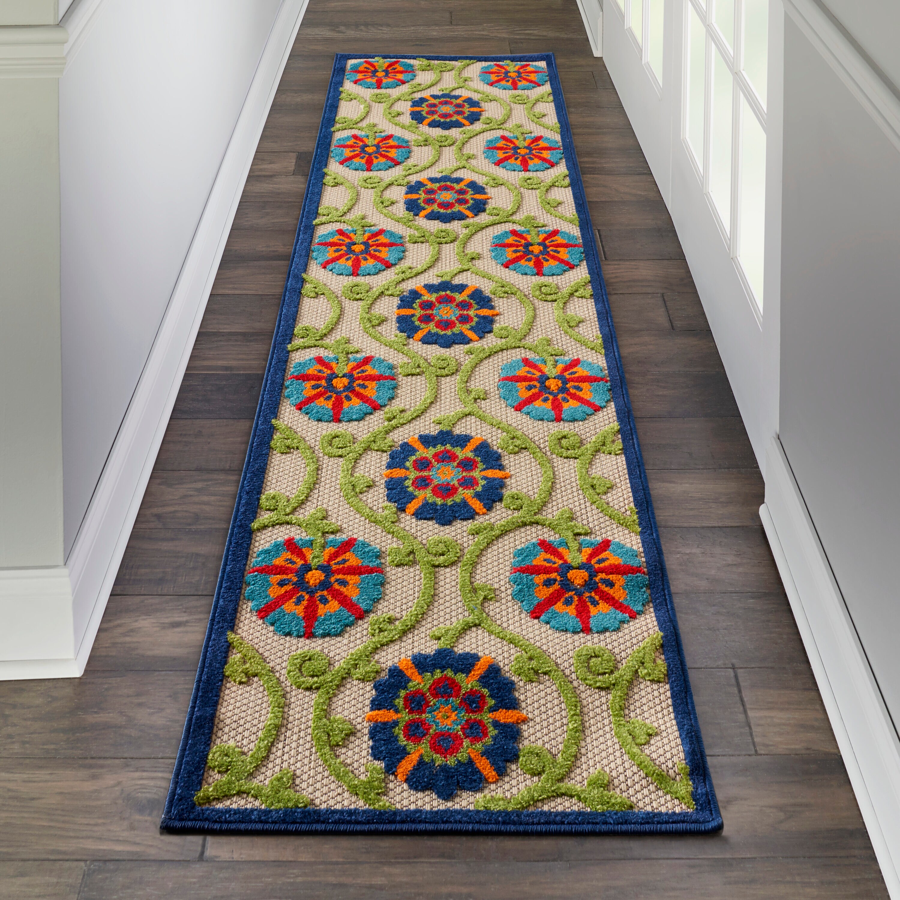 Nourison 99446498700 Aloha 2 x 10 (ft) Loomed Polypropylene Blue/Multicolor Irregular Indoor/Outdoor Floral/Botanical Coastal Area rug