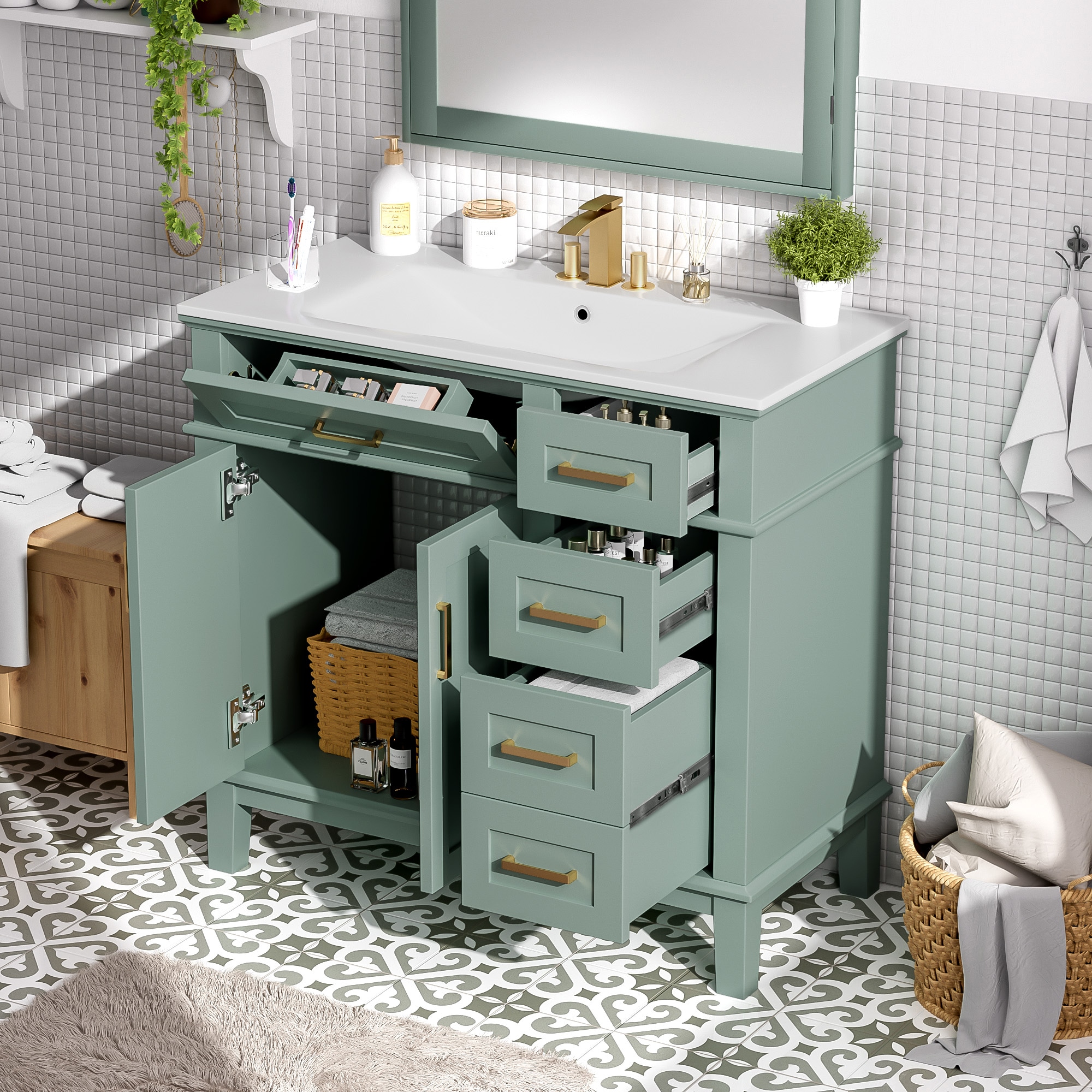 Tinyhomie Green Modern Bathroom Vanity With Ceramic Sink Soft Close Door And 4 Storage Drawers Offering A Refined Look