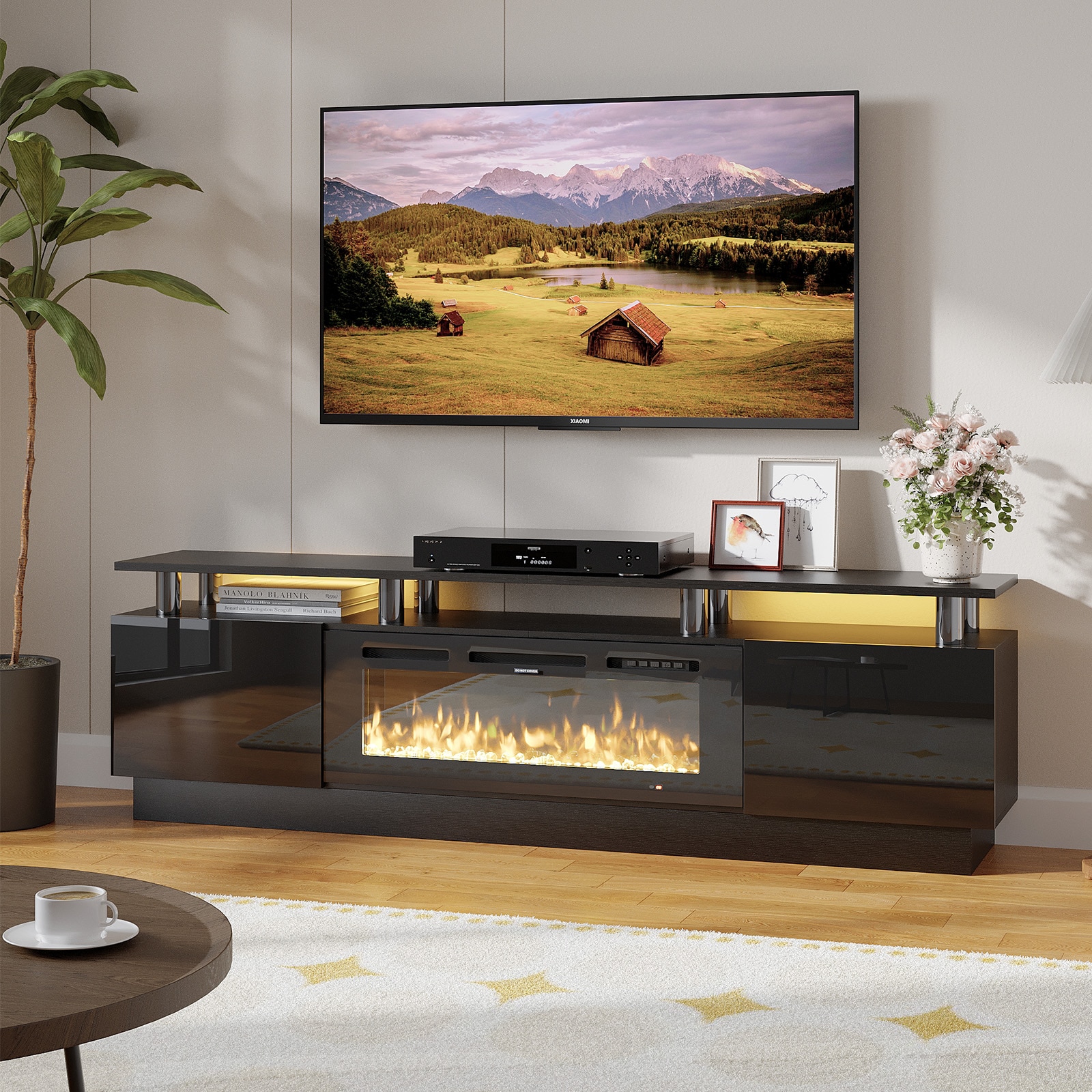 Bapipro TE30A14BB 70-in W Black TV Stand with Infrared quartz Flat wall Electric Fireplace with Remote Control Included