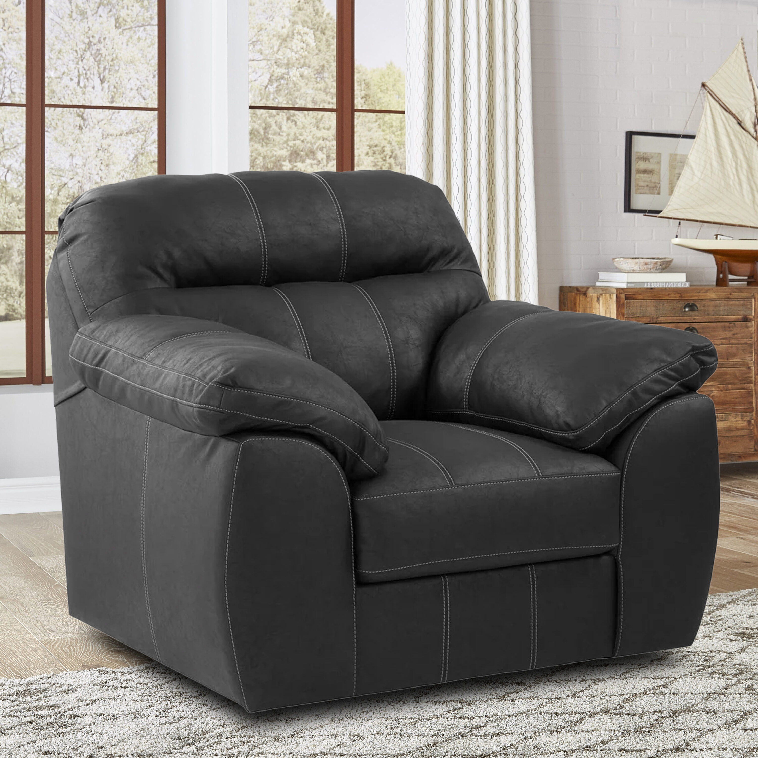 American Furniture Classics 8-03RR-A353V8 Black Faux leather Upholstered Tufted Recliner