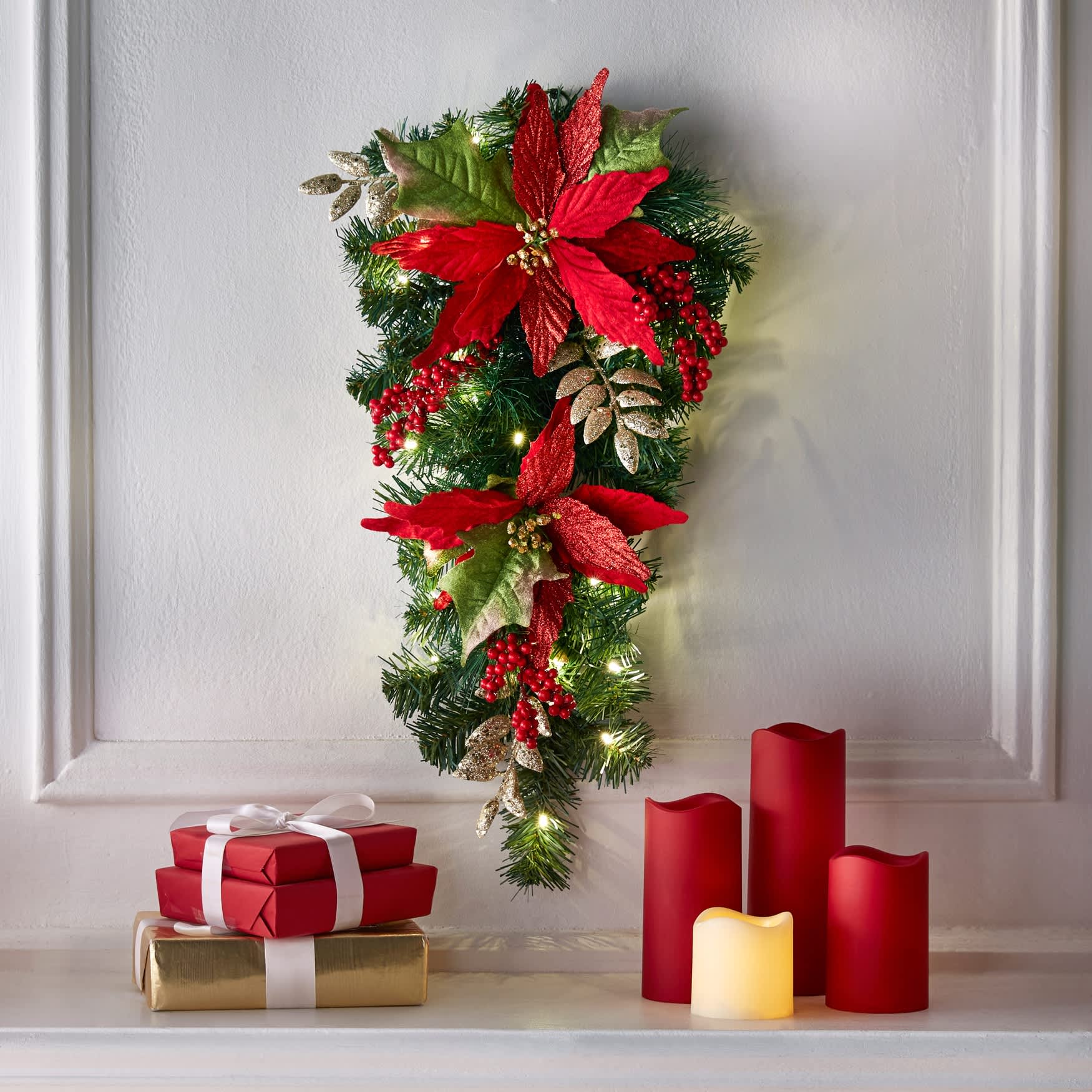 BrylaneHome - 24-in Pre-Lit Poinsettia Swag