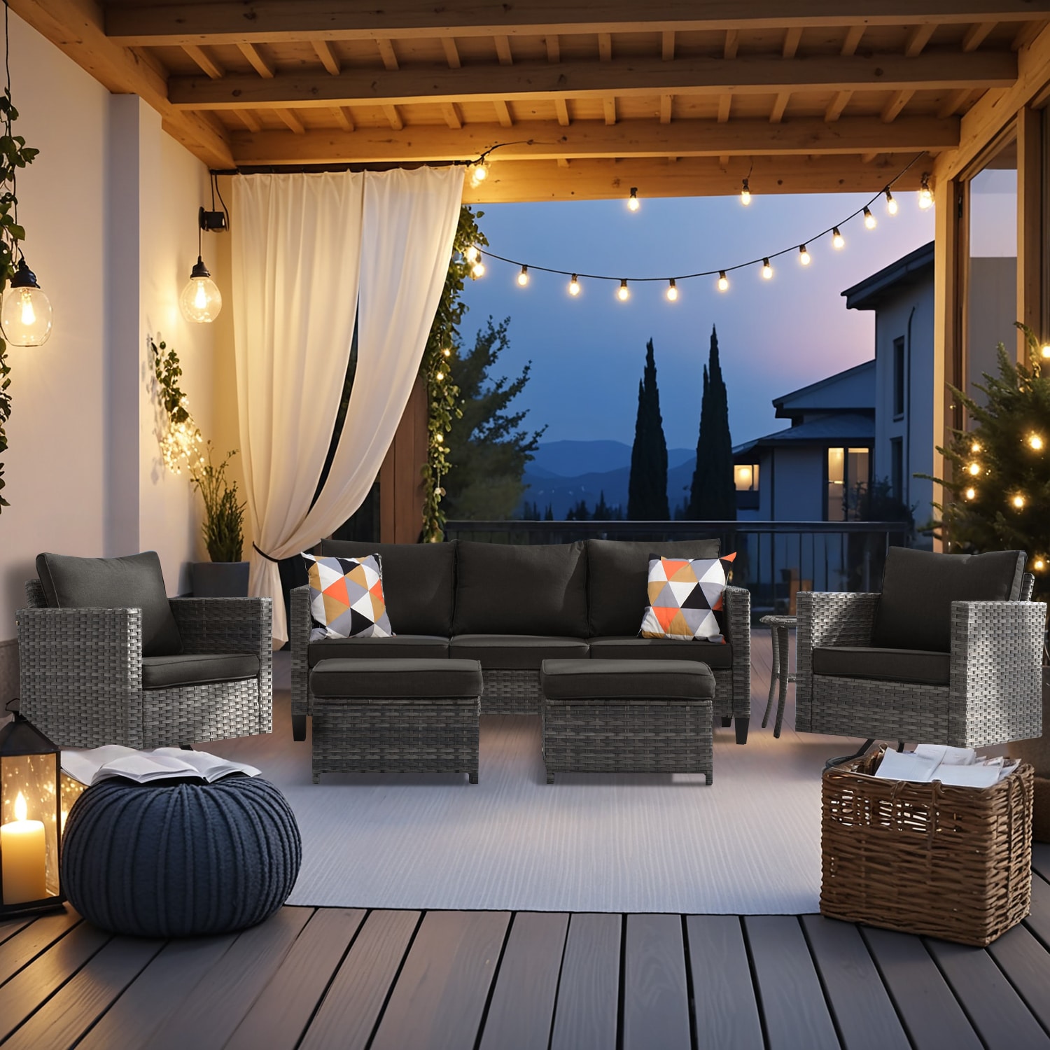 XIZZI XSQRC1163 Lullaby 6 -Piece Rattan Patio Sofa Conversation Set with Black Cushions
