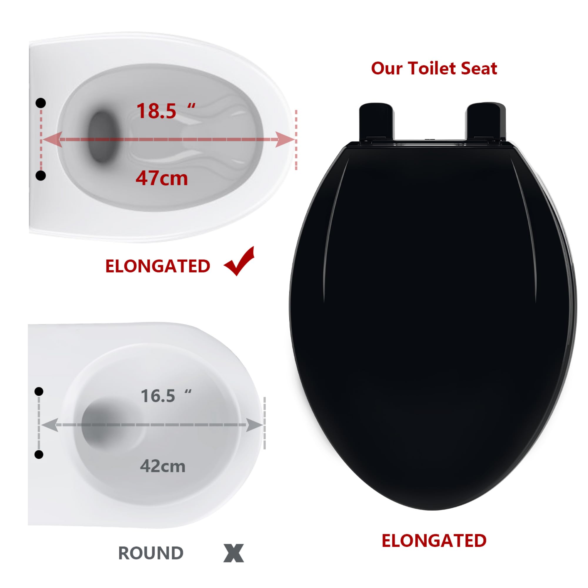 Black D Shape Soft Close Toilet Seat with Quick Release & Adjustable Hinges