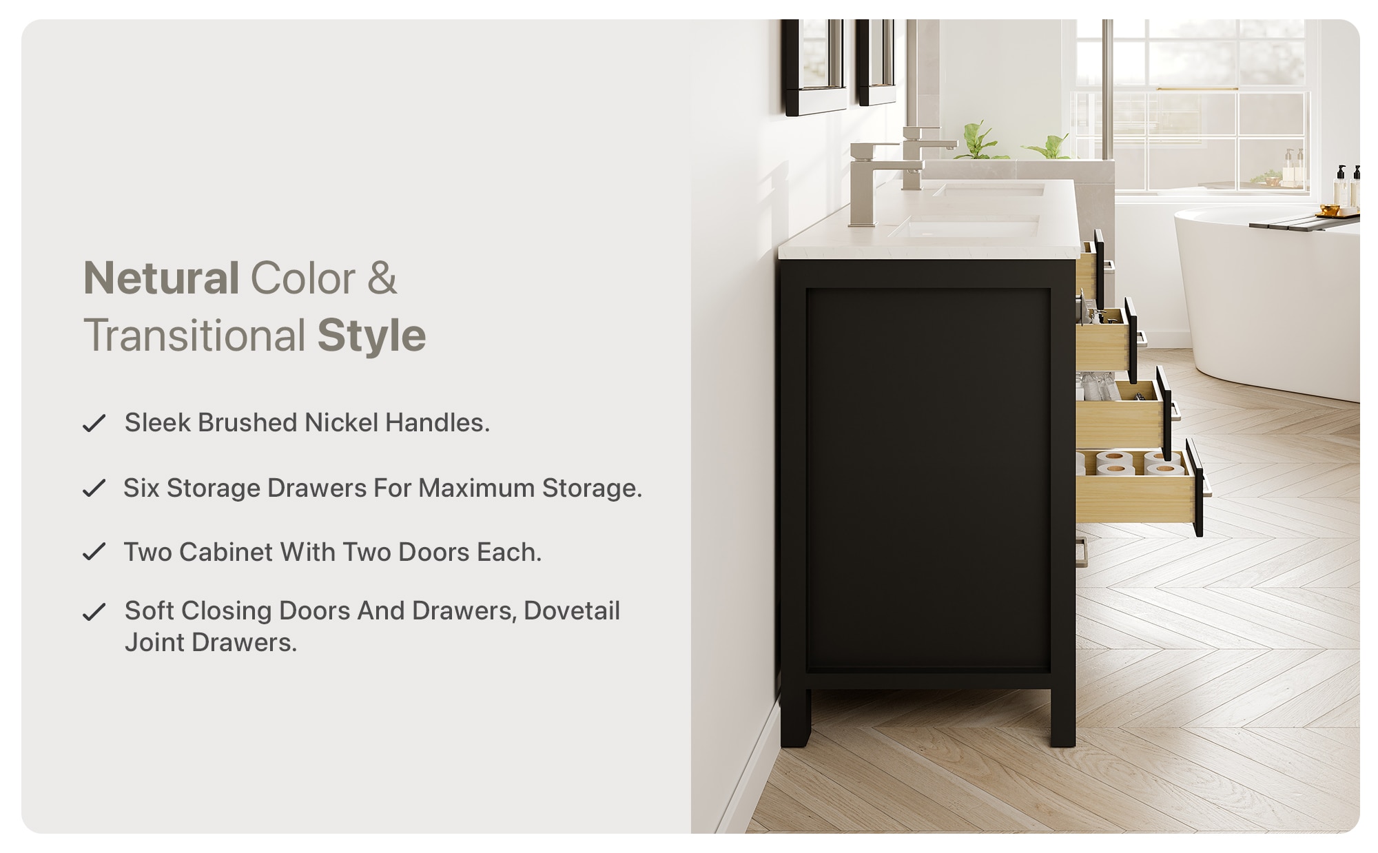 Espresso Double Sink Bathroom Vanity with Carrara Quartz Top
