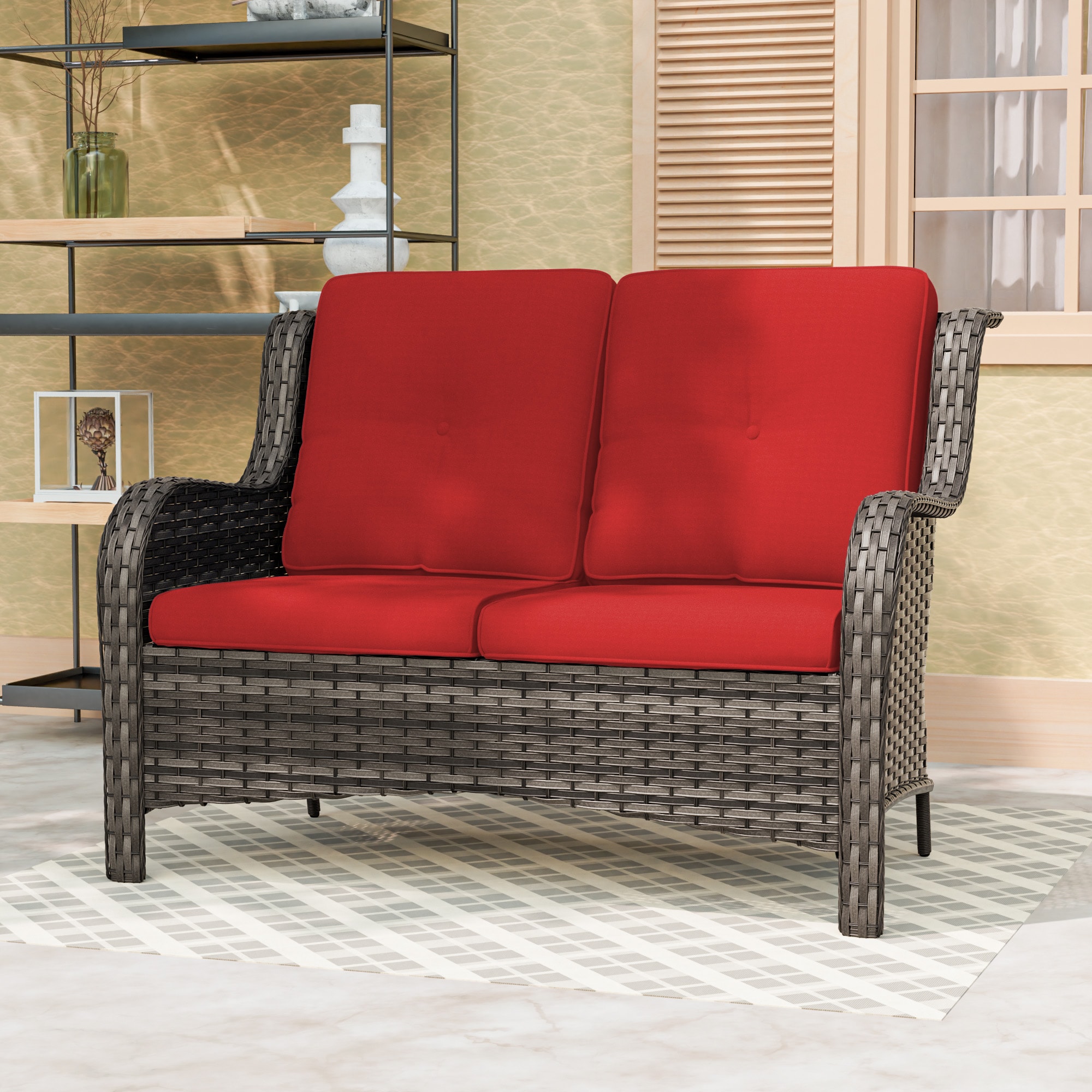 Gardenbee HGL-M79-RED Wicker Furniture Wicker Outdoor Loveseat with Red Cushions and Steel Frame